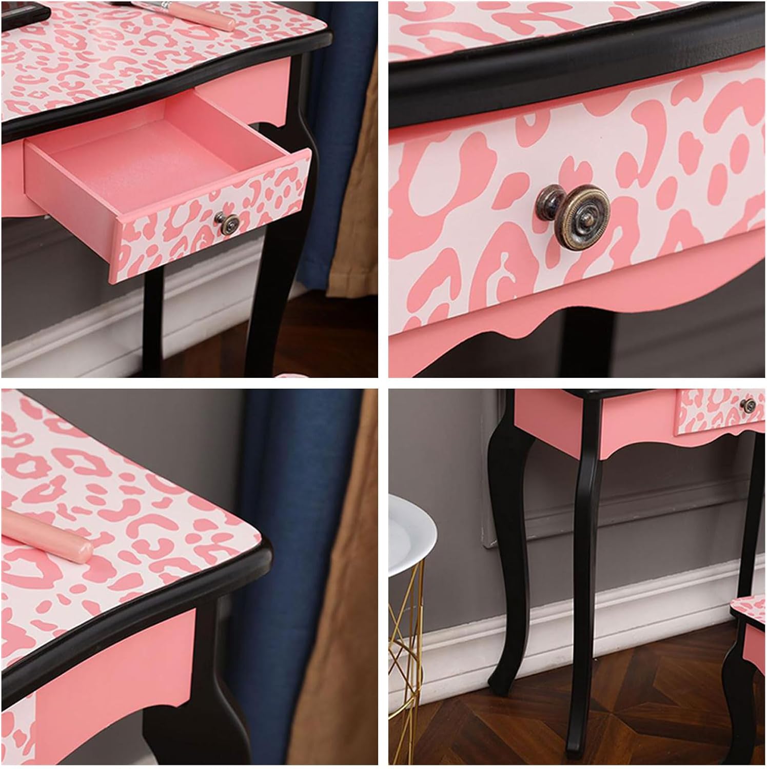 Vanity Desk with Triple Folding Mirror, Red Leopard Print Makeup Vanity Table with 1 Drawers and Soft Cushioned Stool, Modern Dressing Table with Arc Feet, Makeup Table for Women Girls Bedroom