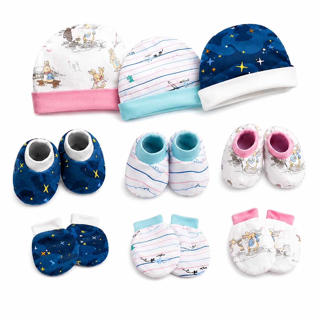 VParents Baby Mittens Caps Gloves and Booty Combo for Unisex Booty Set Durable Cotton Gift Set Assorted Deisgn (Pink Blue and Dark Blue) (0-3 month) pack of 3-image-12