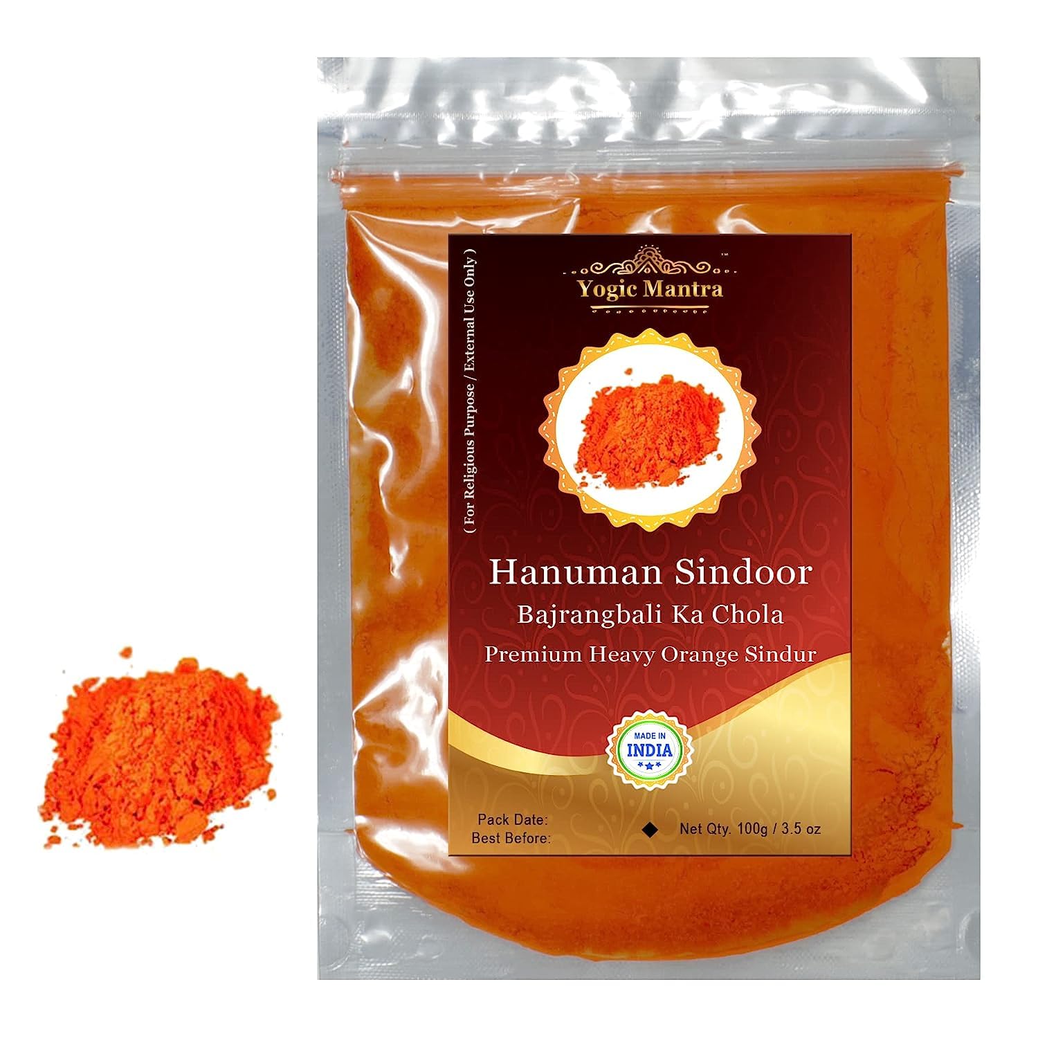 Yogic Mantra Hanuman Sindoor Powder (100g Orange Sindur Tilak) Bajrangbali Hanuman Ji Ka Chola Ceremonial Mark for Home Puja, Havan Yagya, and Pooja Religious Ceremony