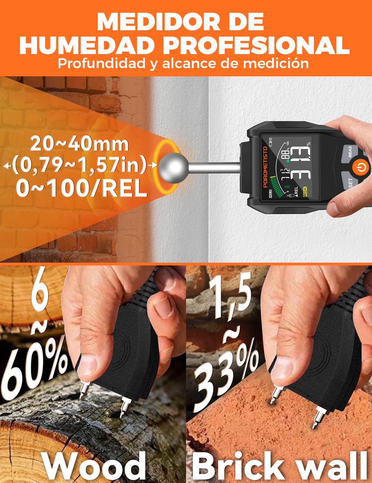 2 EN 1 POROMETISTO Medidor De Humedad WTS01PRO | Pin & pinless pared humedad, escaneo 20-40mm sin daños, mide temp./humedad ambiente. Para madera, paredes, parque