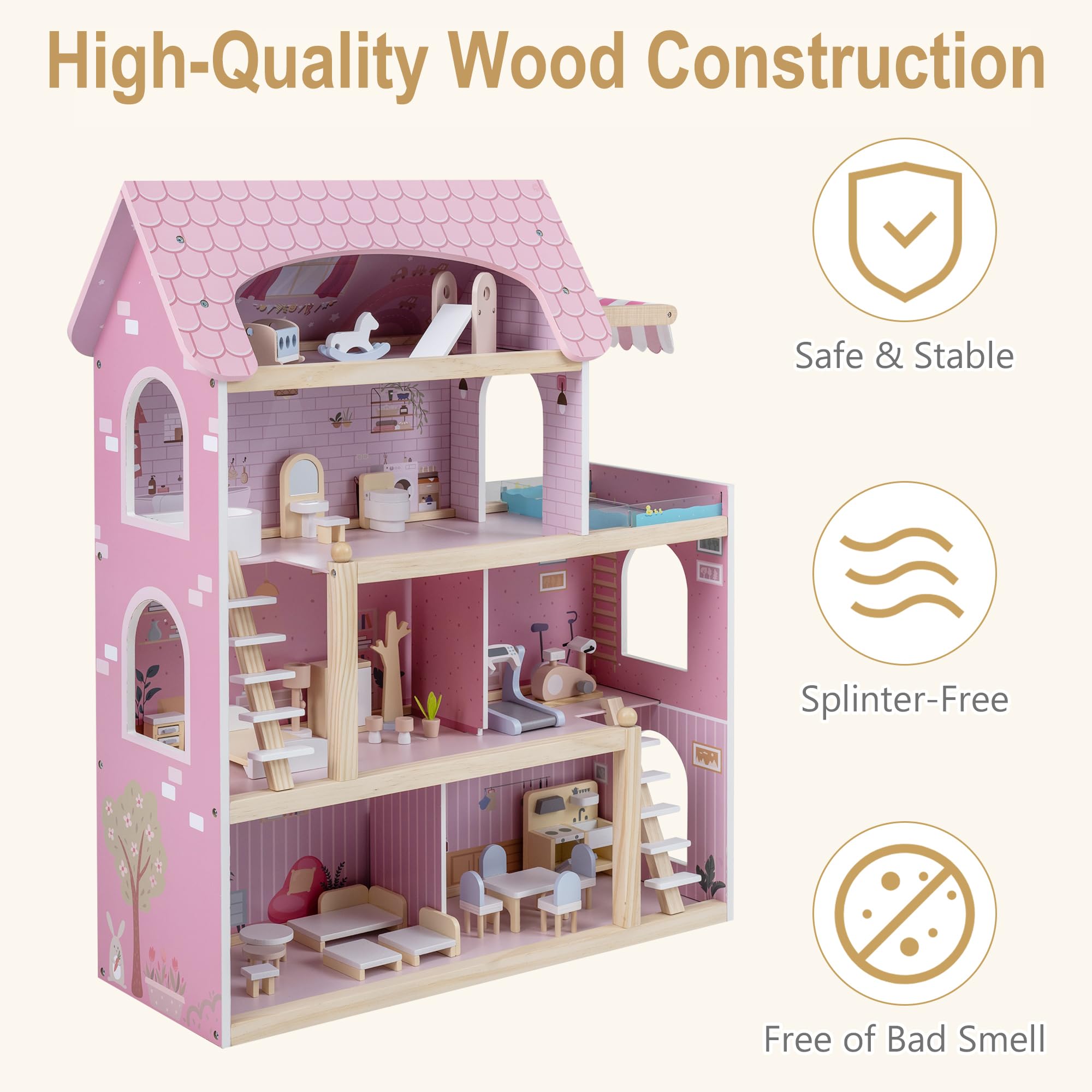HOMASIS Puppenhaus inkl. komplettem Möbeln & Zubehör, Bunt Puppenstube Holz, Puppenvilla mit 3 Etagen & vielen Zimmern, Dollhouse für Mädchen, Traumvilla für Kinder ab 3 Jahren (Modell 5, Rosa)
