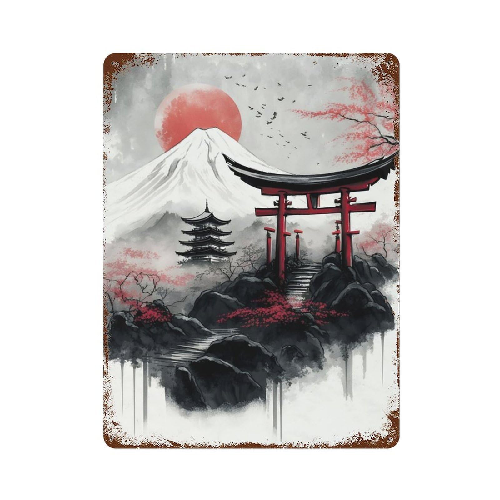 Rust Effect Japanese Scenery Ink Wash Rusty Metal Tin Sign 15.7"x11.8", Rustic Home Decor for Living Room, Hallway And Home Decor