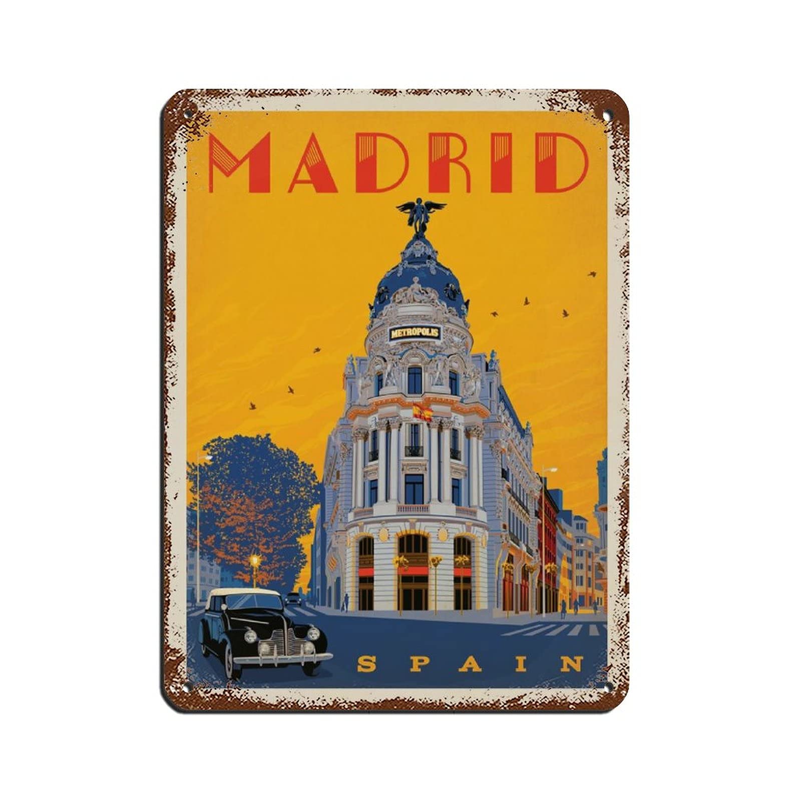 Lsjuee Vintage Cityscape Plaque Metropolis Of Madrid Spain Vintage Tin Sign Home Office Kitchen Pub Club Cafe Bar Farm Restaurant Collection Metal Wall Decor