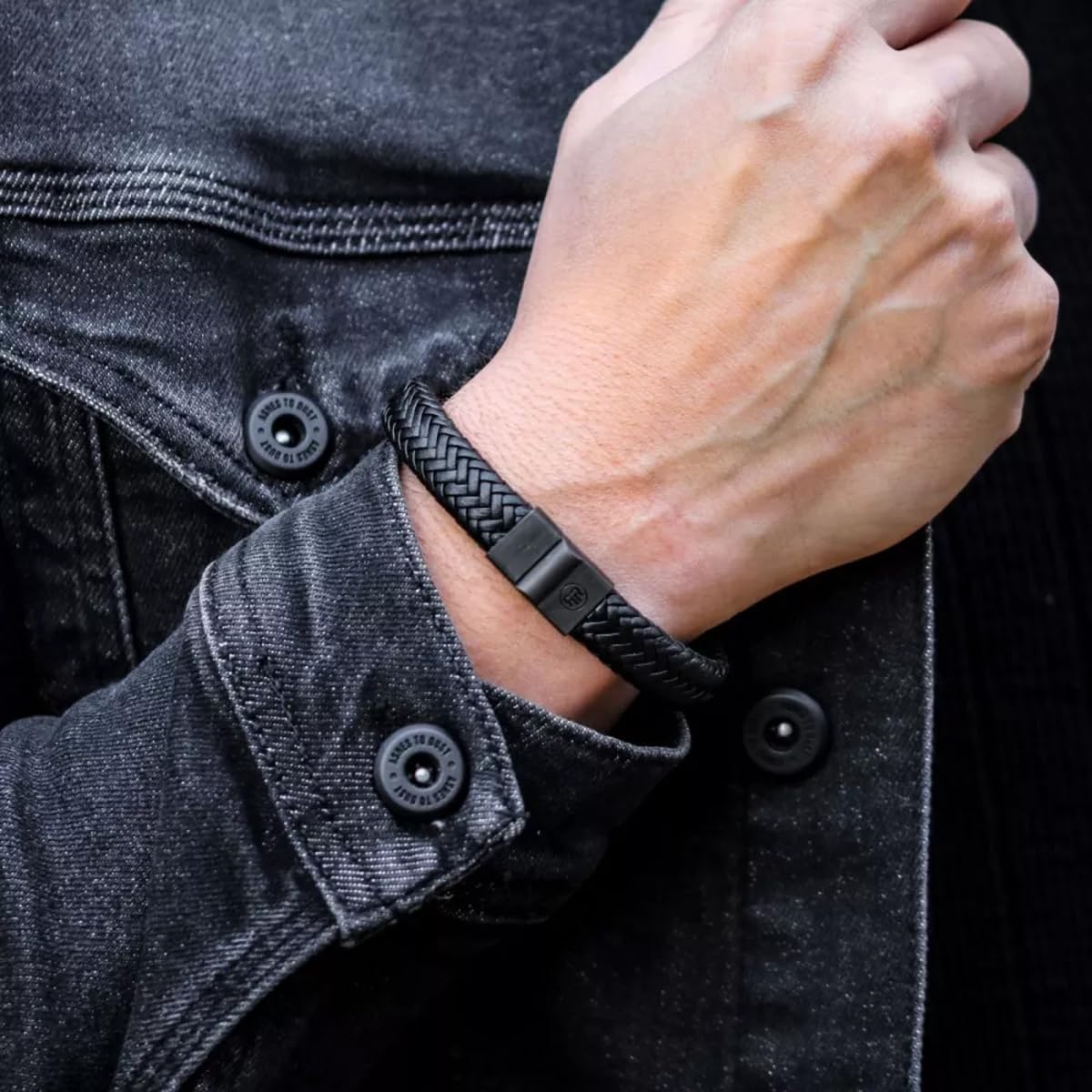 Rebel & Rose Herrenarmband Leder Schwarz Full Metal Herringbone Black