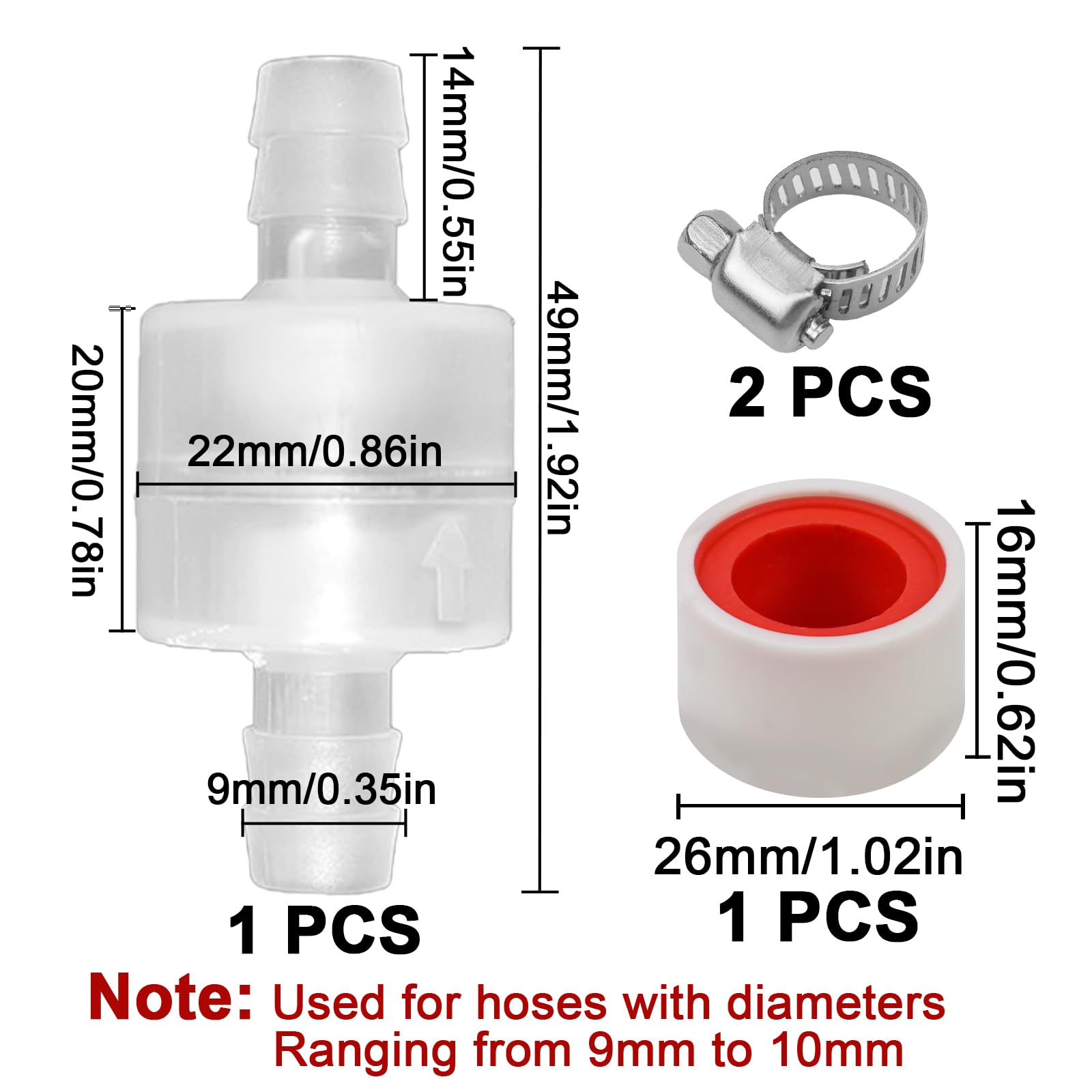 LPZMPZ Kunststoff Einweg Inline Ozon Rückschlagventil Plastic Check Valve für Schlauch von 9 bis 10 MM Durchmesser Aquarium Wasser Kraftstoff Gas Luft Water mit 2 Schlauchschellen