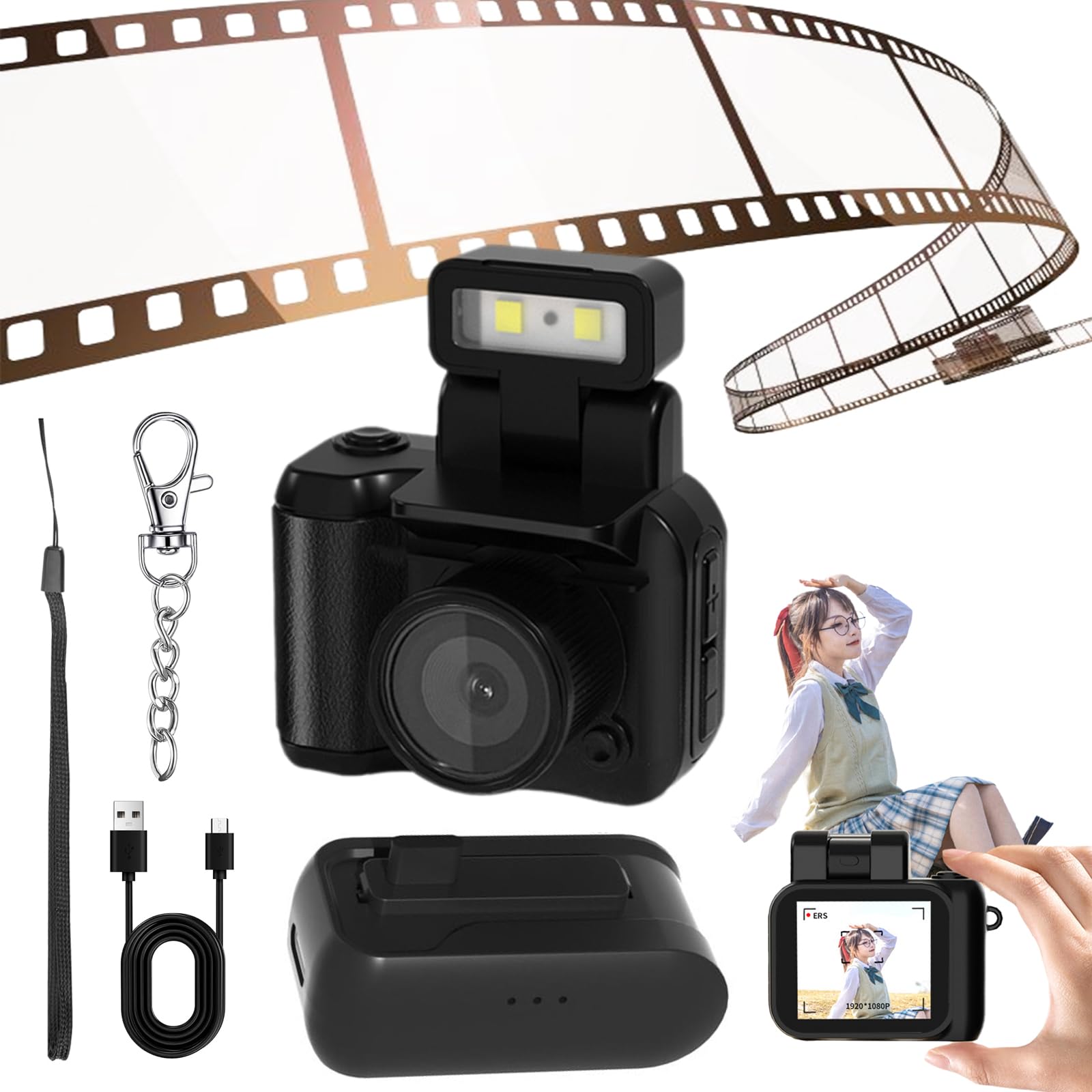Retroscope Mini Camera, Tiny Nostalgic Camera with 1.44 Inch Hd Screen, 1080p Video, 90° Flip Flash, 6 Filters, 0 Second Interval Recording for Campus Travel Outdoor Recording (Black)