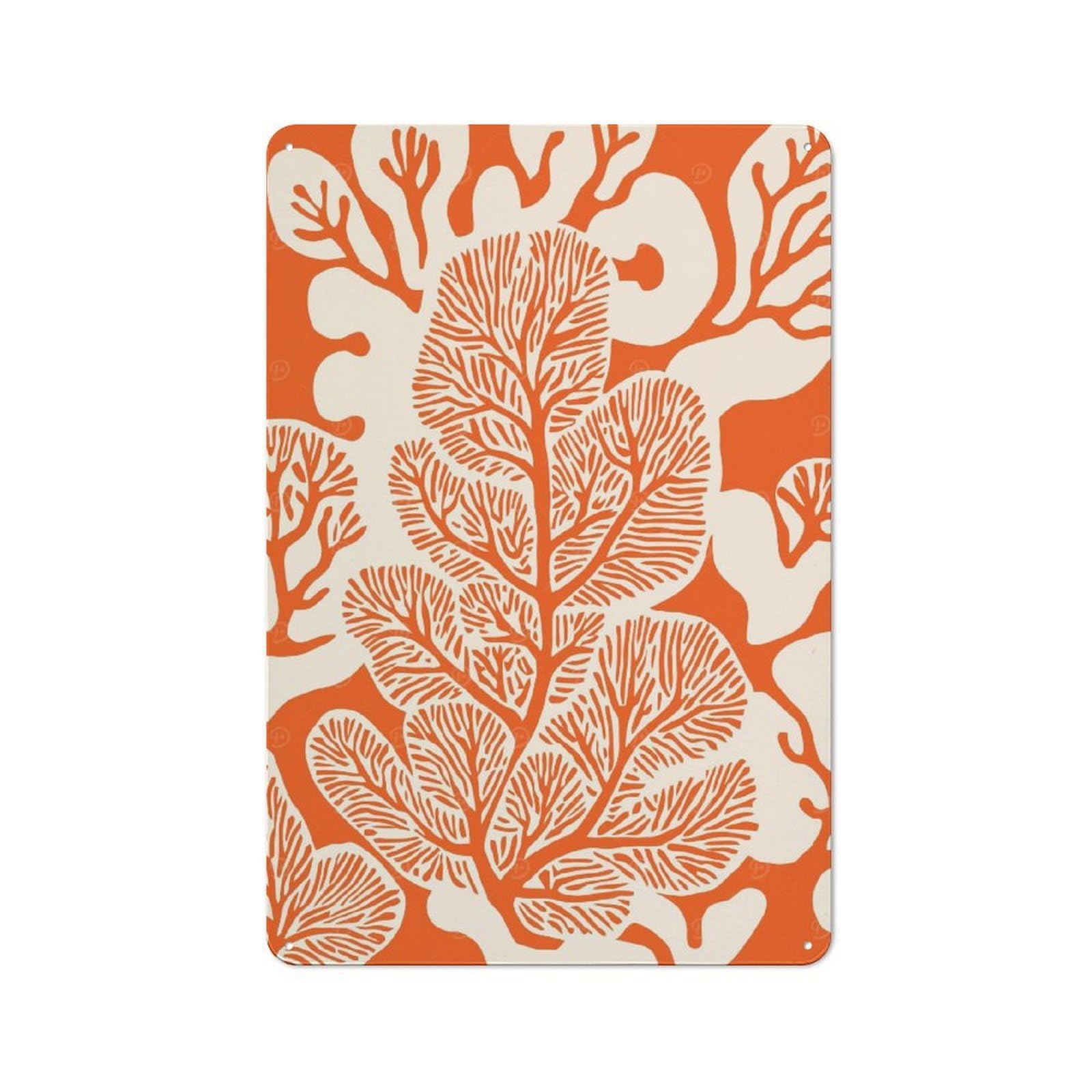 Junmoney Style-19 Tin Wall Plaque 30X20cm With Orange Coral Leaves For Workshop Wall, With Clear Retro Wall Decor Character