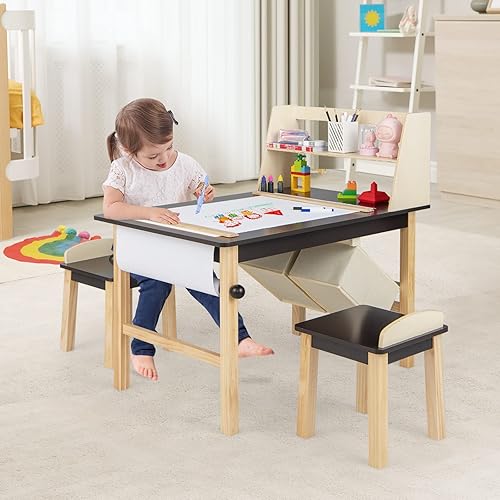 Miniatura 3 de Costzon Juego de mesa y silla de arte para niños, mesa de actividades de madera y 2 taburetes con rollo de papel, 2 marcadores, 2 cubos de