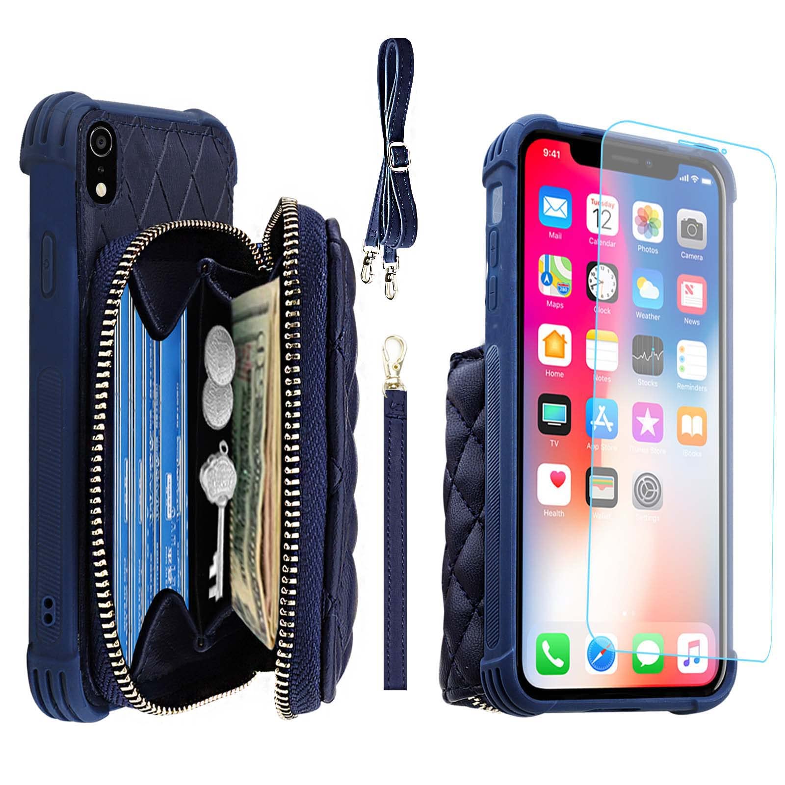 MONASAY Zipper Wallet Case for iPhone XR,[Glass Screen Protector ][RFID Blocking] Flip Leather Handbag Phone Cover with Card Holder & Detachable Crossbody Shoulder Lanyard Strap, Dark Blue