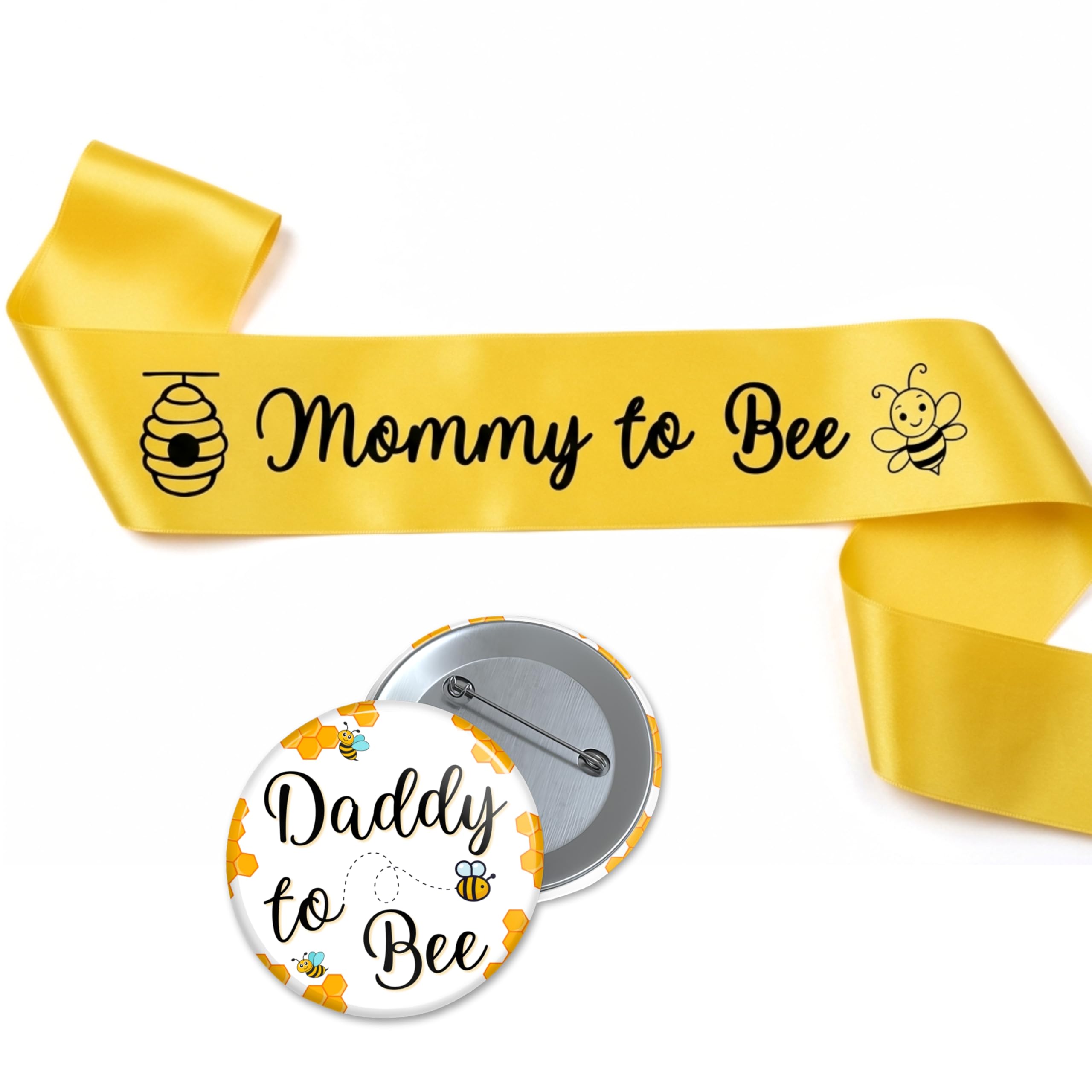 Mommy to Bee Sash and Daddy to Bee Badge Combo | Baby Shower Gift Set for Mom Dad to Be | Yellow Satin Sash 4x72 Inch and 58mm Pin Badge | Ready to Gift-image-28
