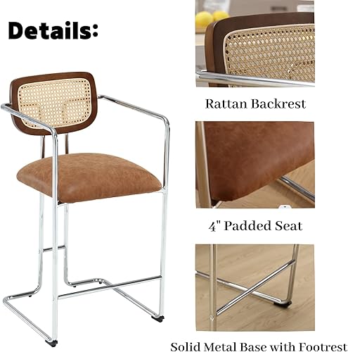 Miniatura 4 de LukeAlon Juego de 2 taburetes de mimbre de piel sintética, tapizados de 25.5 pulgadas de altura de asiento, taburetes de bar bajos con patas de