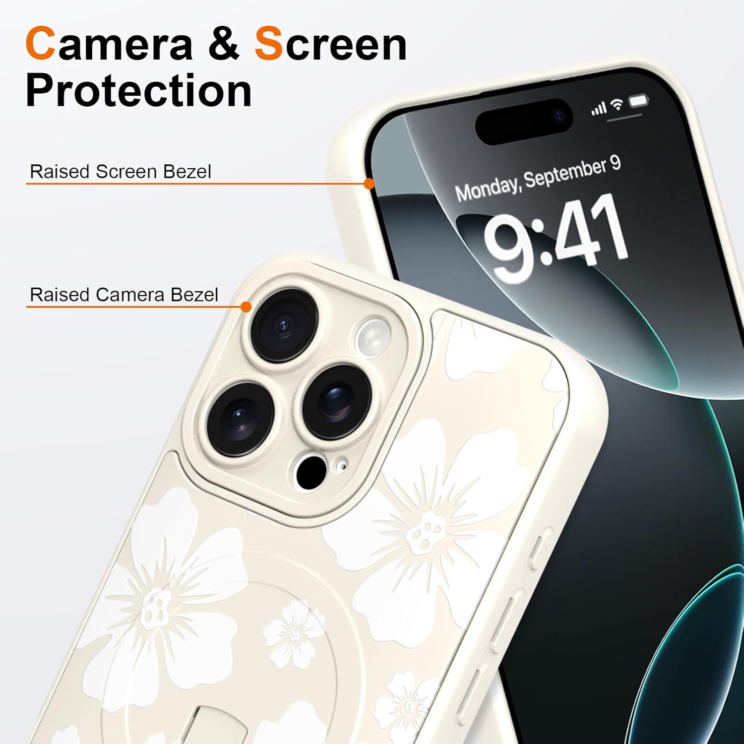 KANGHAR for iPhone 16 Pro Max Case, Cute White Floral Design Phone Cover with Kickstand & Adjustable Finger Strap, Full Camera Protection, Shockproof Protective Magnetic Cover - White