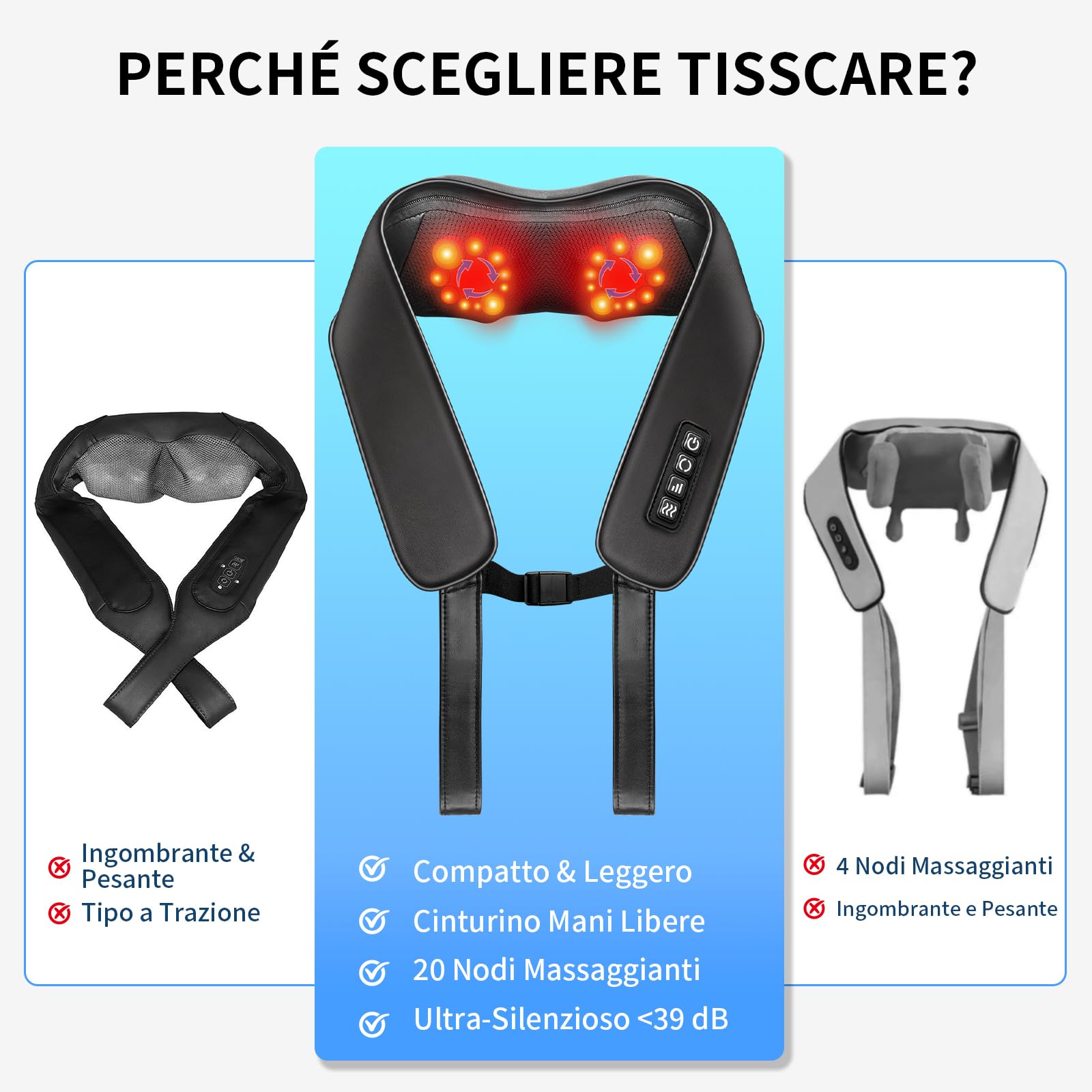 TISSCARE Massaggiatore Collo Schiena con Calore, Cinturino Regolabile per Massaggio a Mani Libere, Massaggiatore Spalle Shiatsu 3D, 20 Nodi, per Gambe Lombare, Casa Ufficio Auto