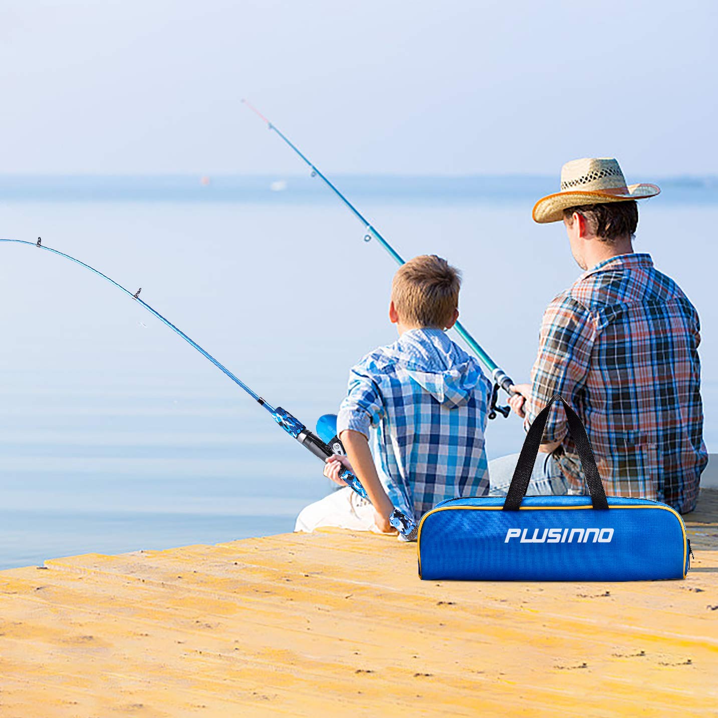 PLUSINNO - Set da pesca per bambini, con mulinello e esca, Blu, 1,5 m