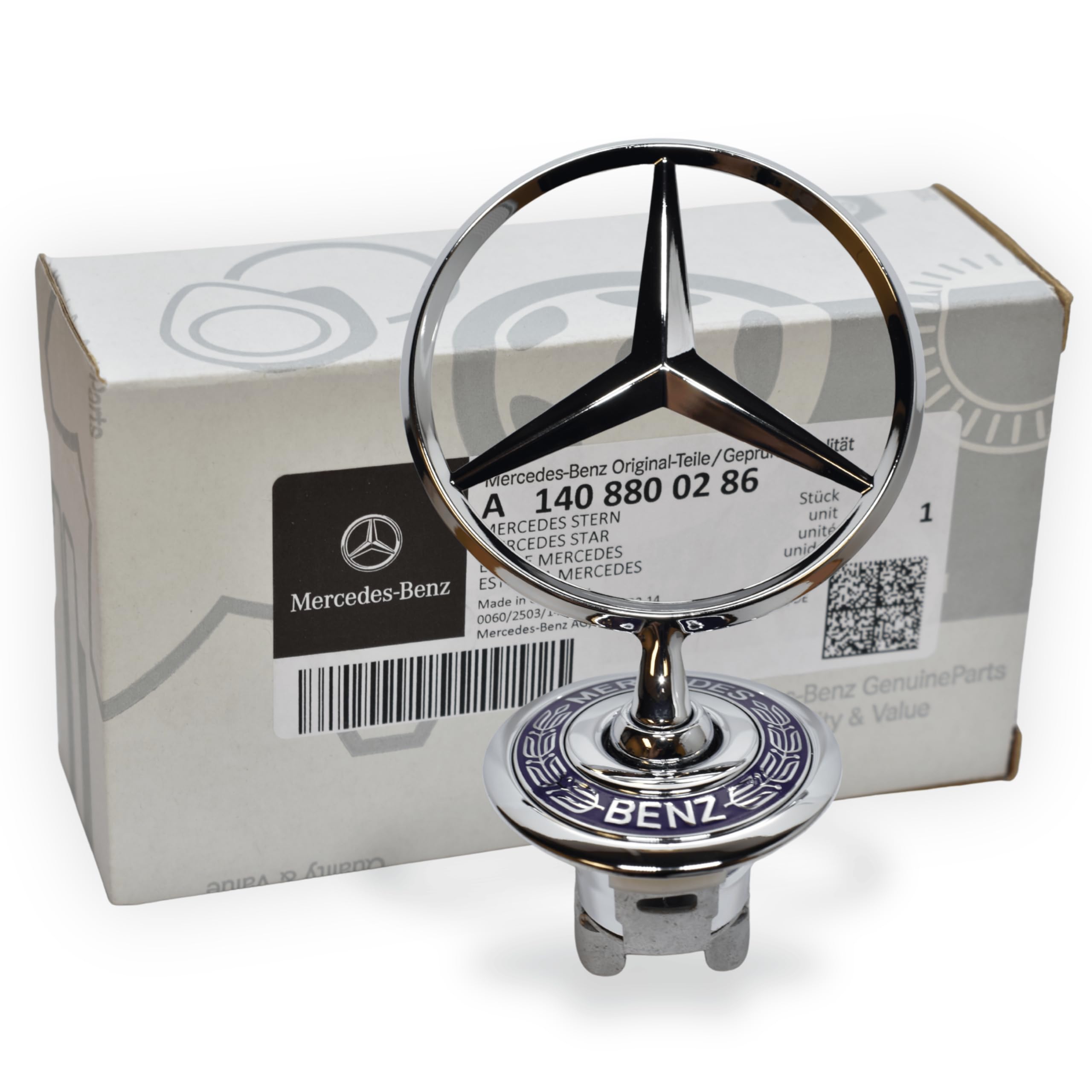 Mercedes Benz Genuine Vehicle Hood Star Emblem Badge (140-880-02-86, Chrome and Blue Laurel Wreath)