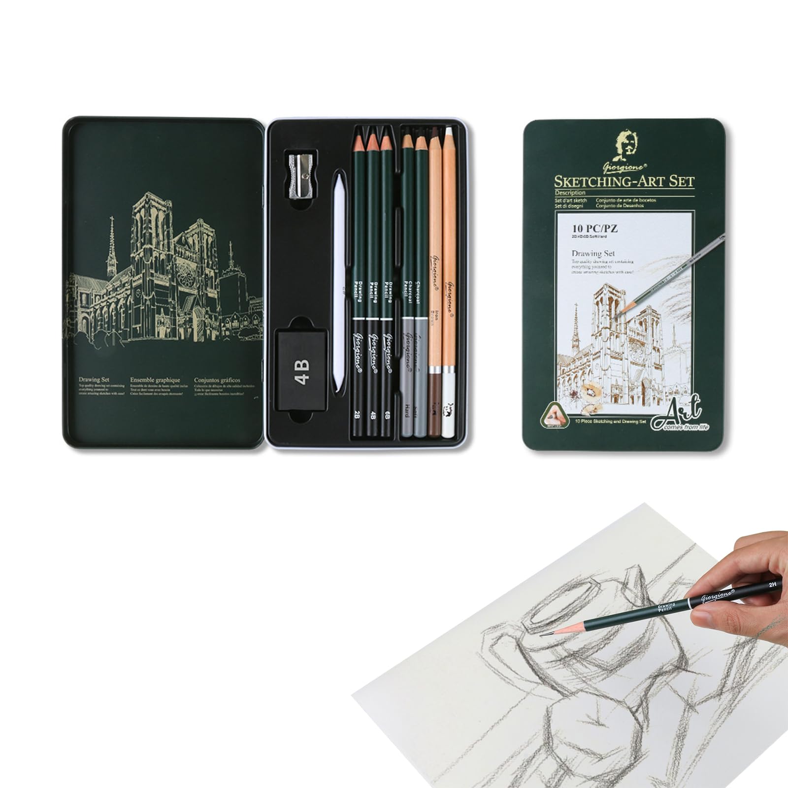 Pencil Set Matte Pencils for Pencil Art Supplies Sketching Drawing [Set of 10] in Metal Case Graphite Charcoal Blending Stamp Eraser for Students, Beginners and Professional Artists