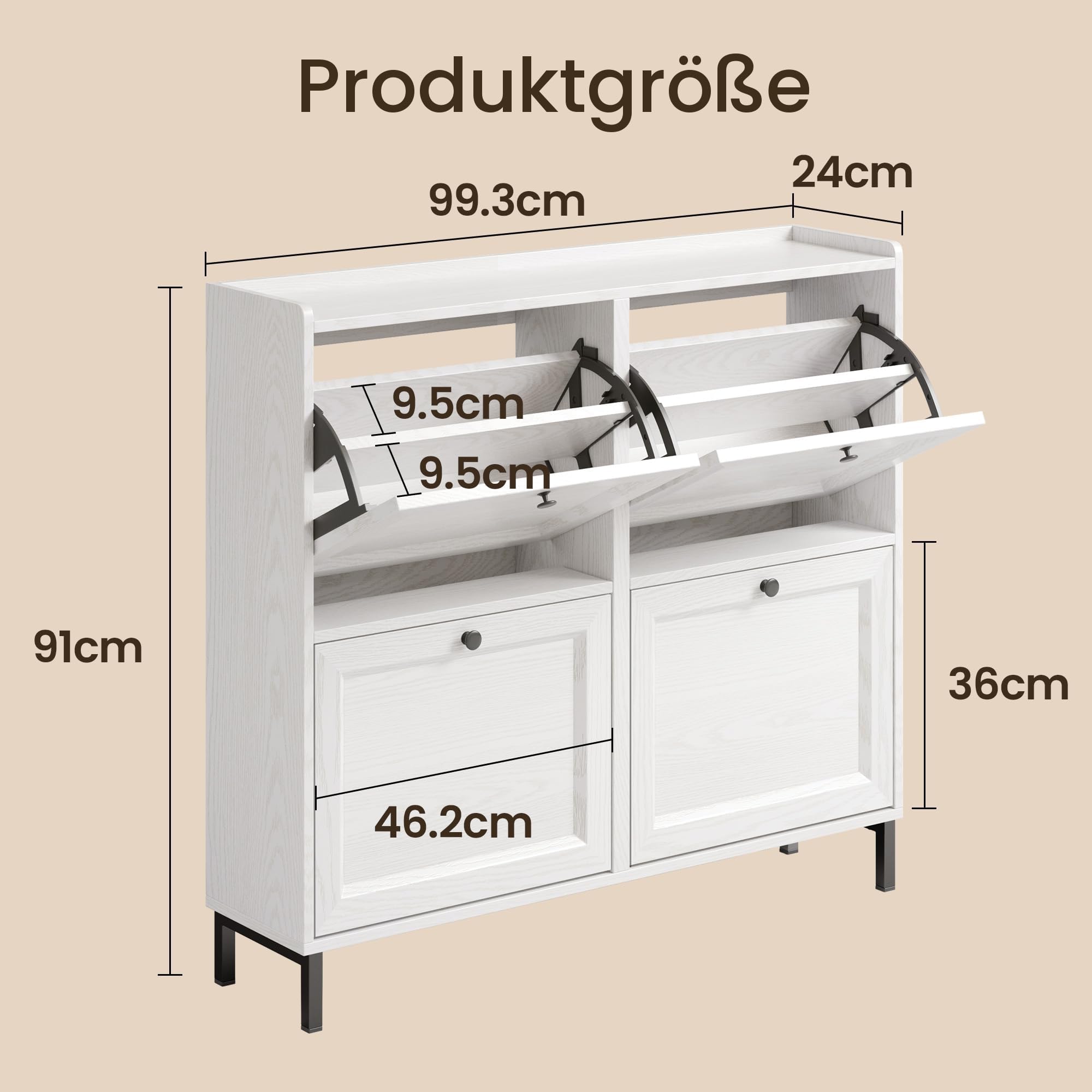 Bealife Schuhschrank mit 4 Klappen – dünner und moderner Schuhschrank mit eingezäunter Decke, Stauraum für Eingang/Flur, 99 x 24 x 91 cm, Kapazität 16 Paar (weiß)