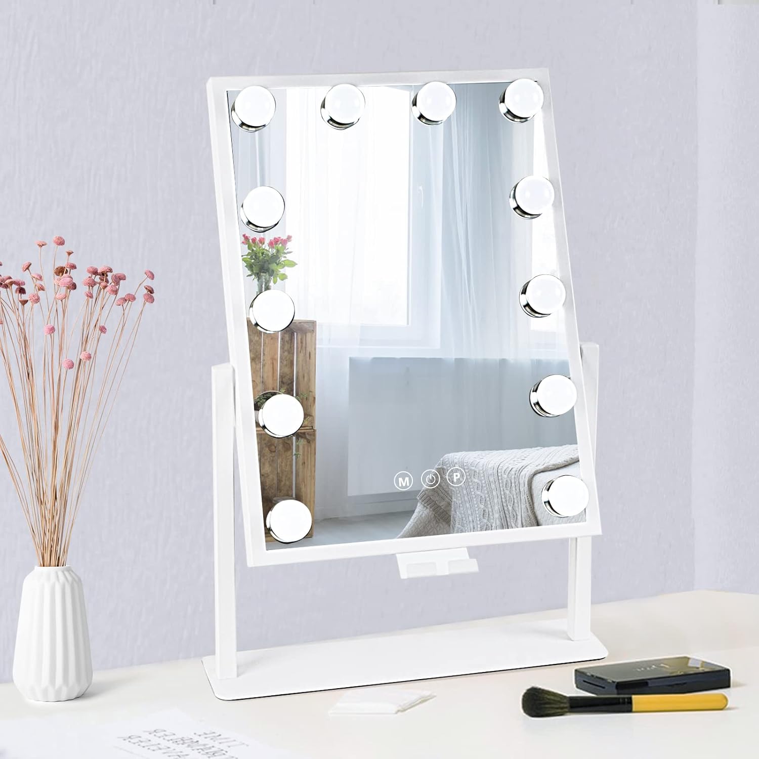 BWLLNI Vanity Mirror with Lights, Hollywood Lighted Makeup Mirror with Phone Holder, Smart Touch Control, 3 Color Lighting Modes, Detachable 10X Magnification, 360°Rotation(White) White_12 Blubs