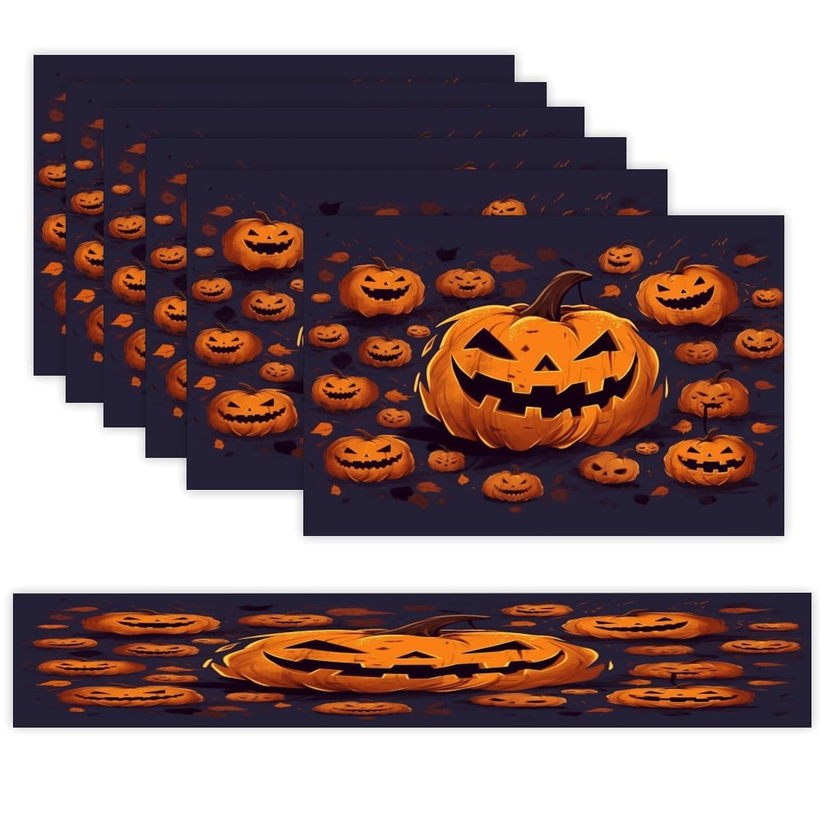 Halloween Pumpkin Table Runner and Placemats Set of 6 for Kitchen Washable Table Mats Heat Resistant Place Mats Non-Slip Place Mat Wipeable Placemat(6 Placemats+1 Table Runner)