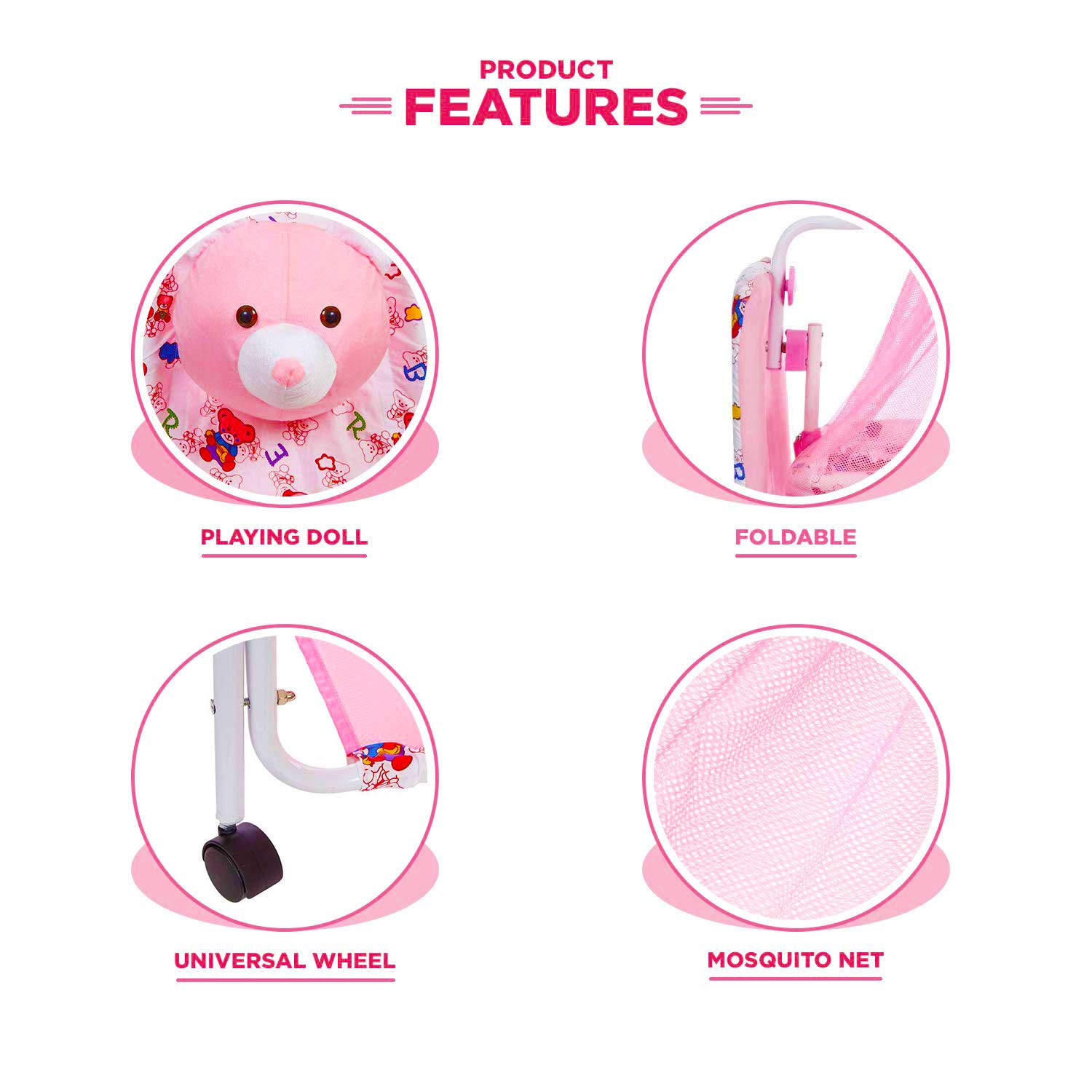 PANDAORIGINALS Premium Baby Cradle/Cot/Crib with Mosquito Net Paalna/Jhula (Pink) - Image 7 thumbnail