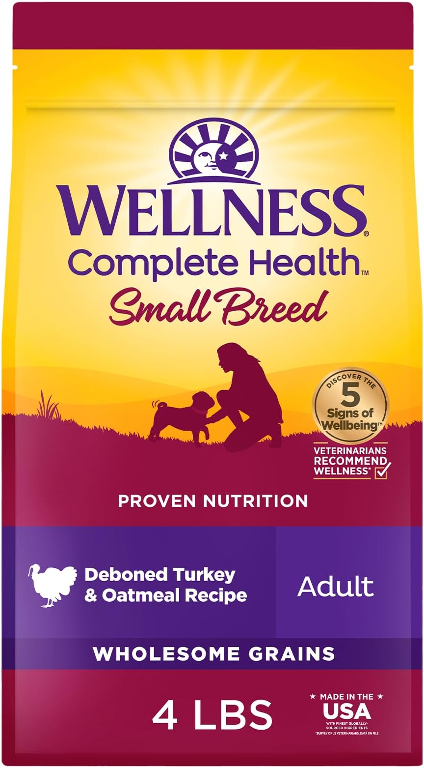 Wellness Complete Health Small Breed Dry Dog Food with Grains, Natural Ingredients, Made in USA with Real Turkey, For Dogs Up to 25 lbs, (Adult, Turkey & Oatmeal, 4-Pound Bag)