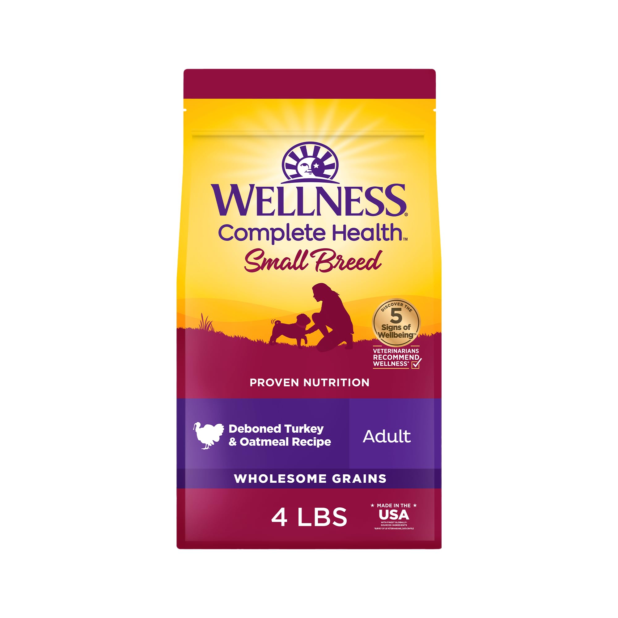 Wellness Complete Health Small Breed Adult Dry Dog Food, Wholesome Grain Kibble, Natural, Turkey and Oatmeal Recipe, 4 lb Bag