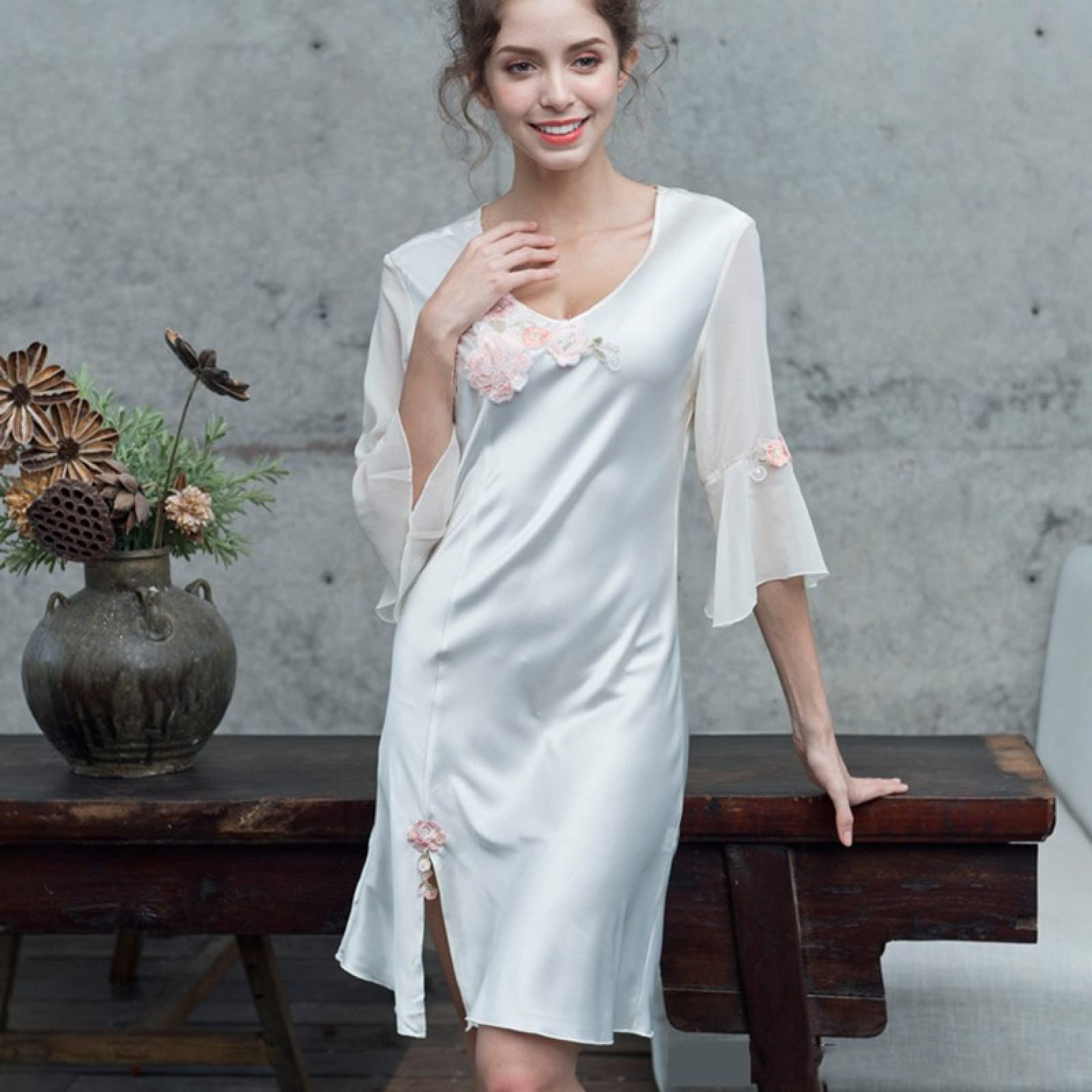 OFFSUM Camisón De Pijama De Mujer - Primavera Verano Sexy Cuello Redondo Encaje Camisón Elegante Bordado Casual Color Sólido Cómodo Vestido Loungewear Ropa