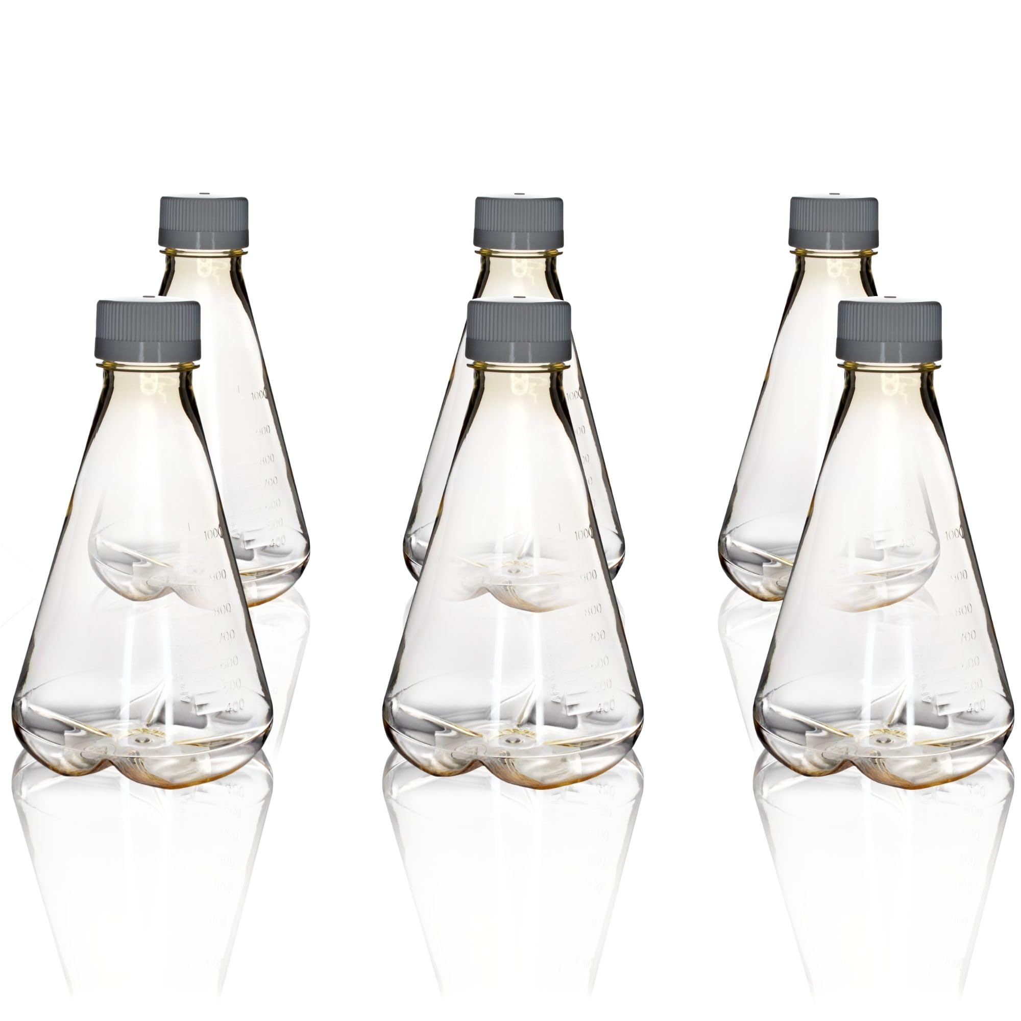 Eisco - Paquete de 6 frascos Erlenmeyer de policarbonato estéril de 1 litro, sin ventilación, parte inferior deflectada, esterilizado gamma, clase VI, grado de laboratorio, mezcla, cultivo celular
