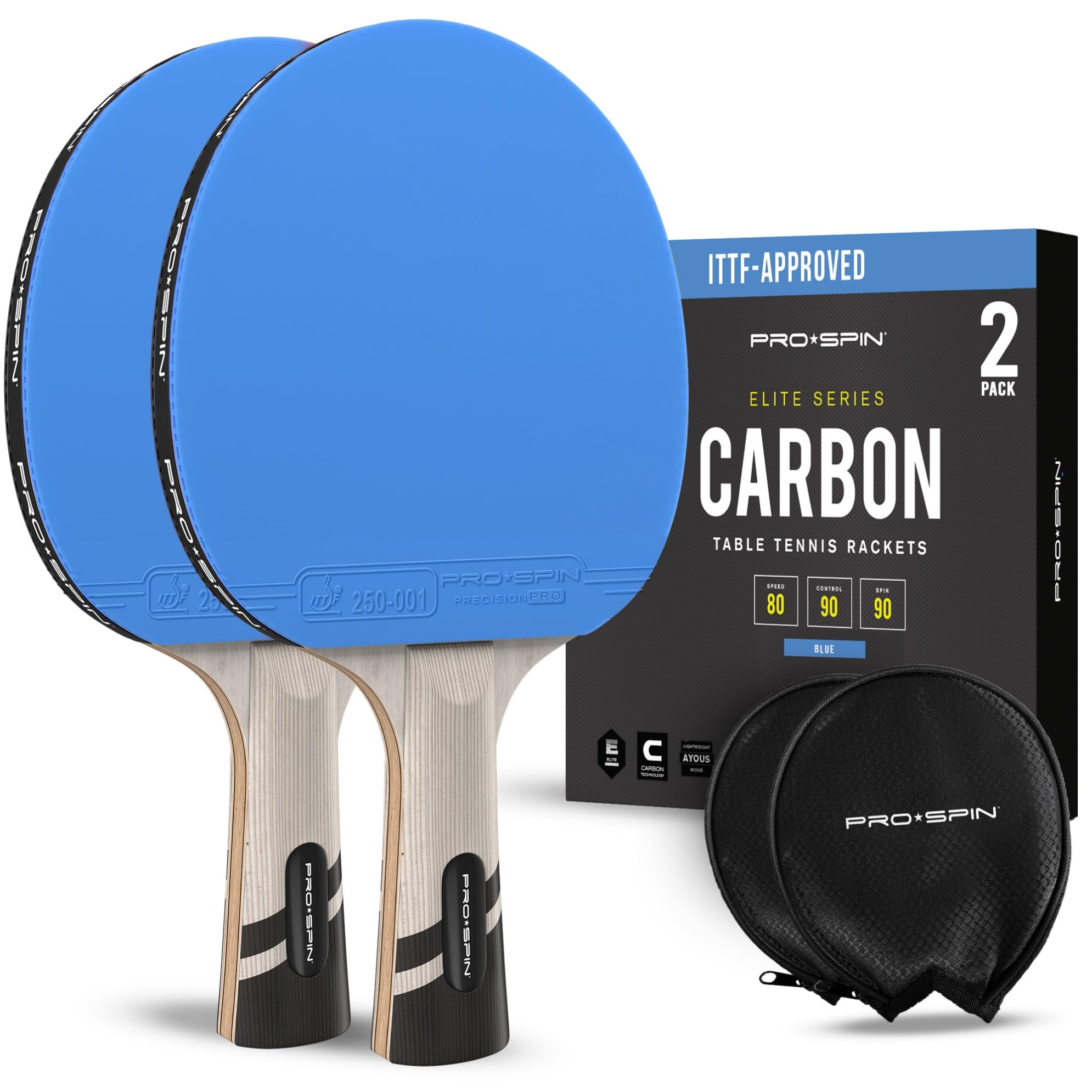 PRO-SPIN Palas de Ping Pong - Homologada por la ITTF con Fibra de Carbono | Madera 7-Ply, Goma Ofensiva, Esponja 2 mm