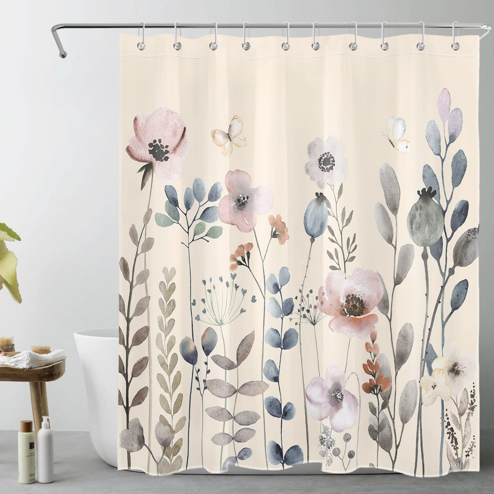 SCECALA Boho Floral Plant Shower Curtain Watercolor Flowers and Plants Leaves on Beige Bathroom Shower Curtain Nature Leaf Bathroom Decor Waterproof