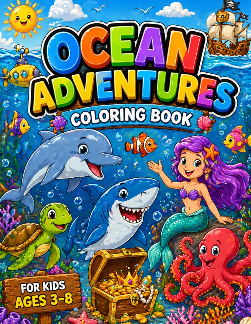 Ocean Adventures Coloring Book: Fun Underwater Animals, Sea Creatures, Coral Reefs, Pirates, Mermaids, Sharks, Dolphins & More for Kids Ages 3-8 (Adventures Coloring Book Series)