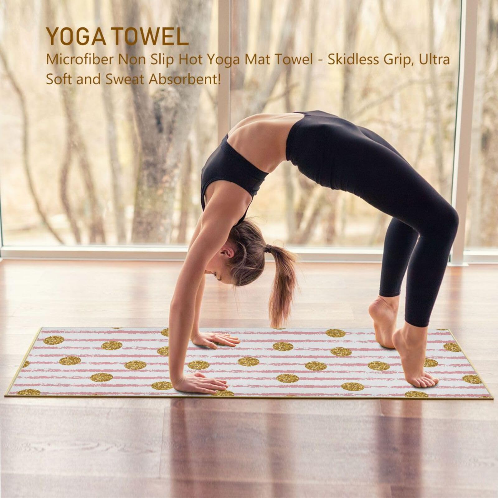 susiy Pink Stripes Gold Pattern Non-Slip Yoga Mat Towel,Hot Yoga Towel for Sweat & Grip Dots,Yoga Mat Cover Blanket for Hot Yoga Bikram Pilates Gym Travel