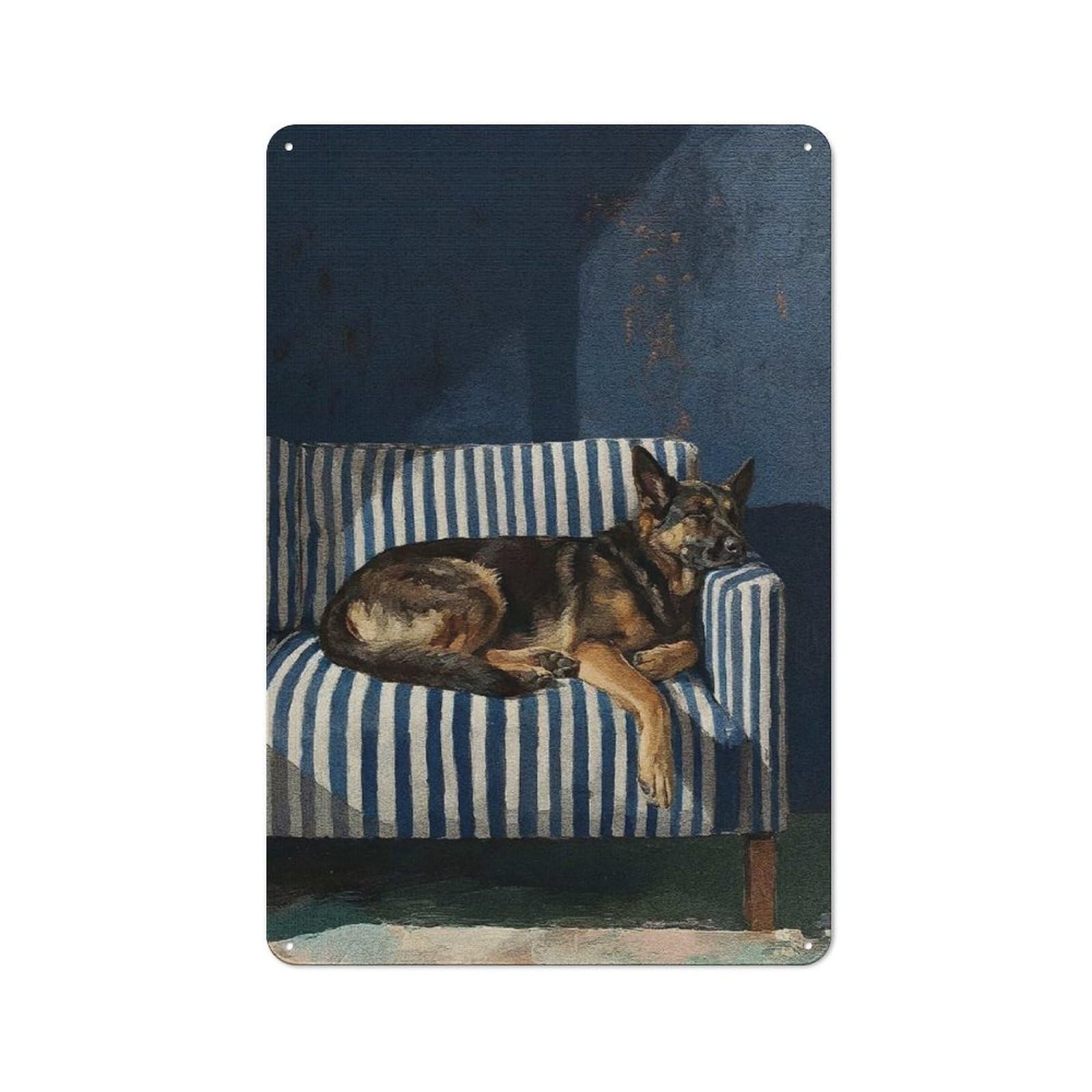 Sleeping German Shepherd on Striped Couch Workshop Style Metal Wall Decor 30x20cm, Decorative Metal Plaque for Garage, Workshop, Shed Or Utility Room
