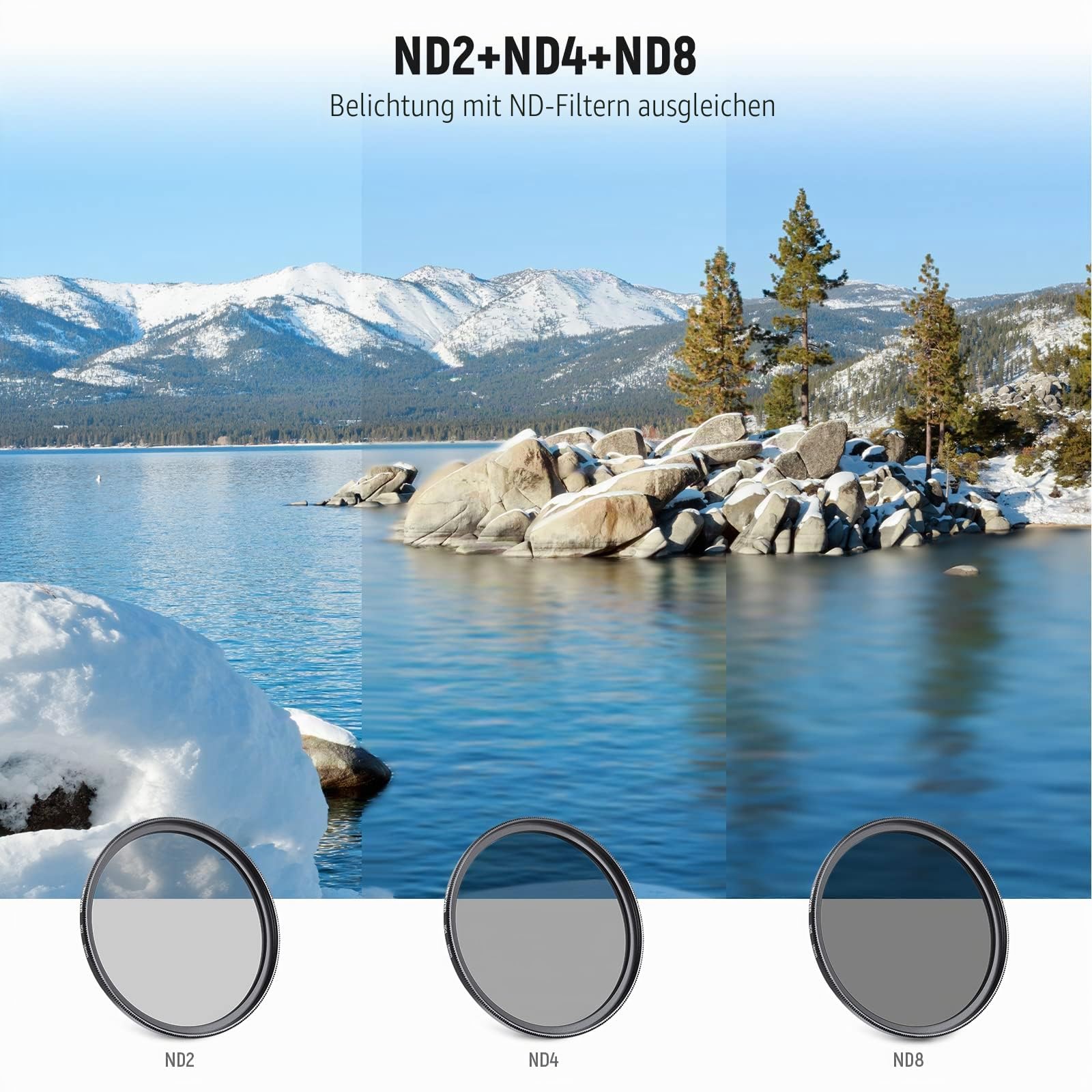 NEEWER 58mm ND Filter Kit und Objektivzubehör, ND2 ND4 ND8 UV FLD CPL(Circular Polarizing) Filter Set mit Objektivdeckel/Tulpenförmige Gegenlichtblende