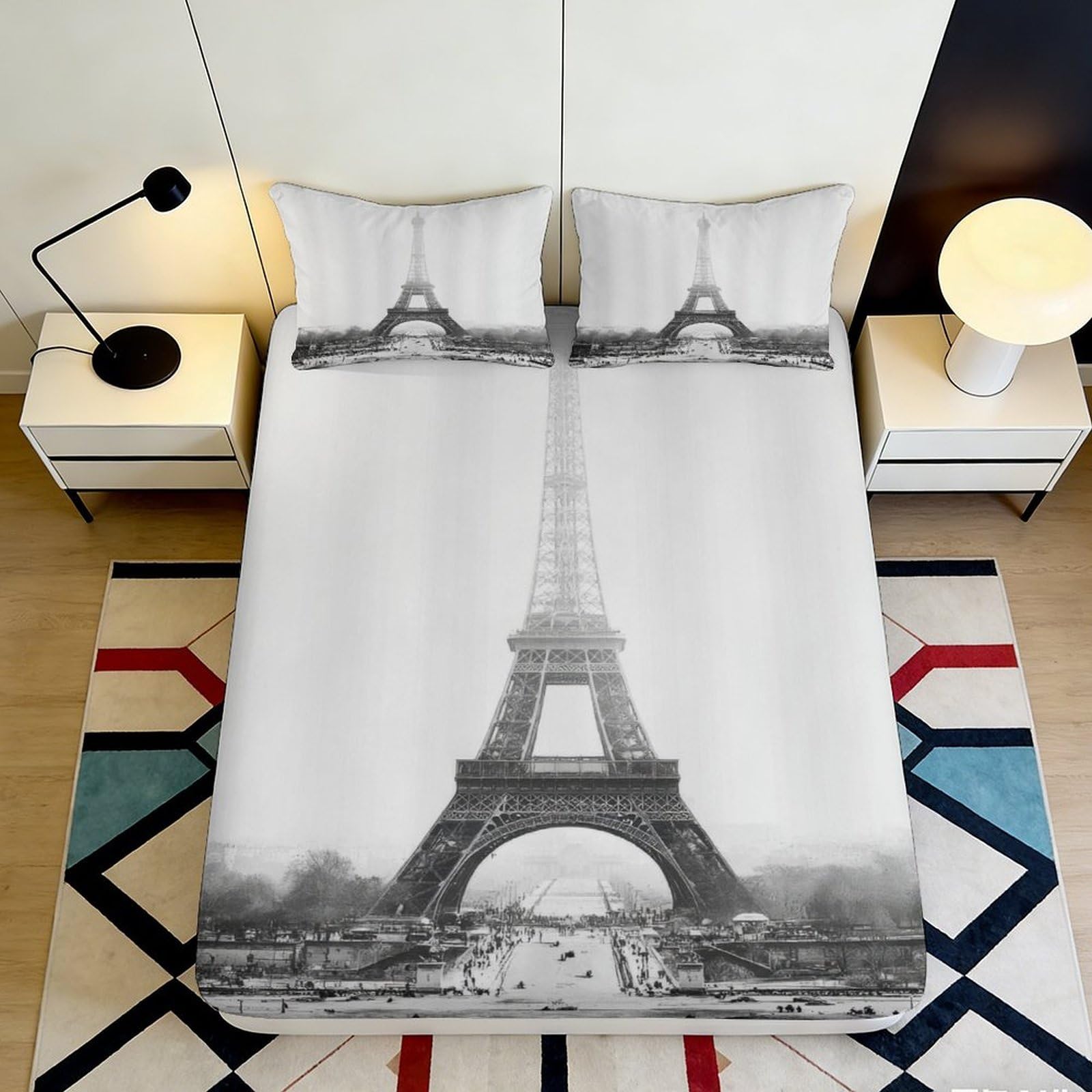 3D Printed Eiffel Tower Fitted Sheet Microfiber Black White Paris City Mattress Cover Bedroom Guestroom Decor 90x200x25cm