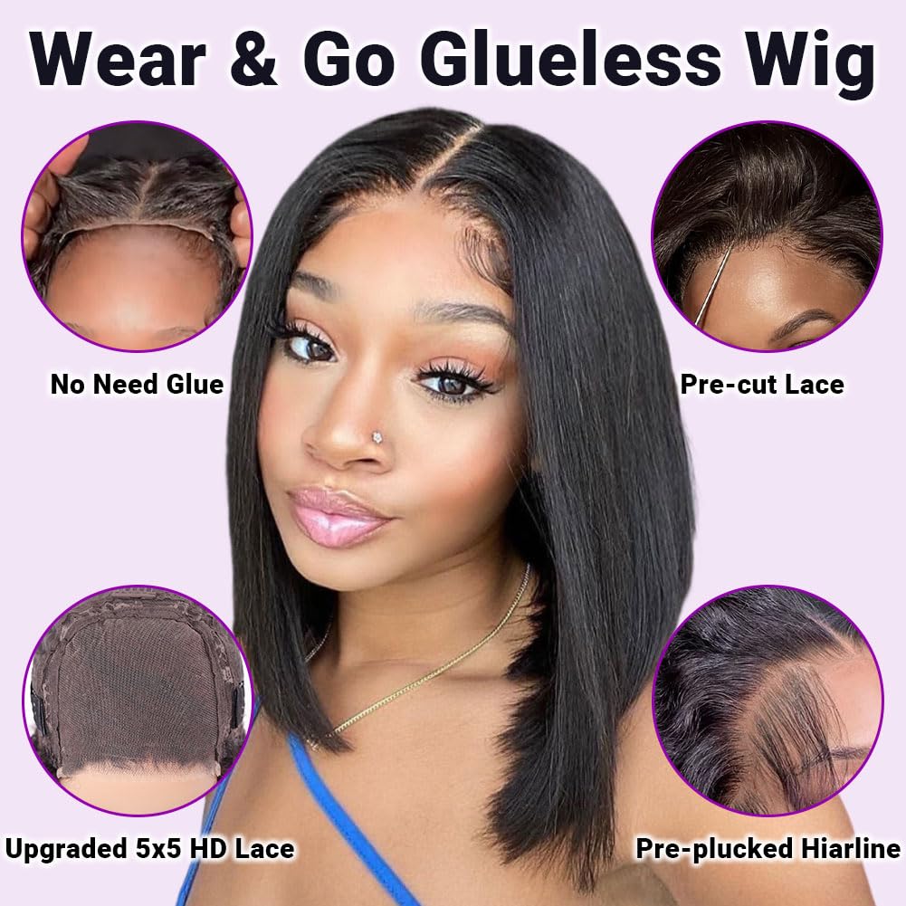 200 Density 5x5 HD Lace Bob Wig Straight Human Hair Pre-Plucked Pre-Bleached Glueless Staight Short Bob Wig 5x5 Pre Plucked Hairline Pre  main image 3
