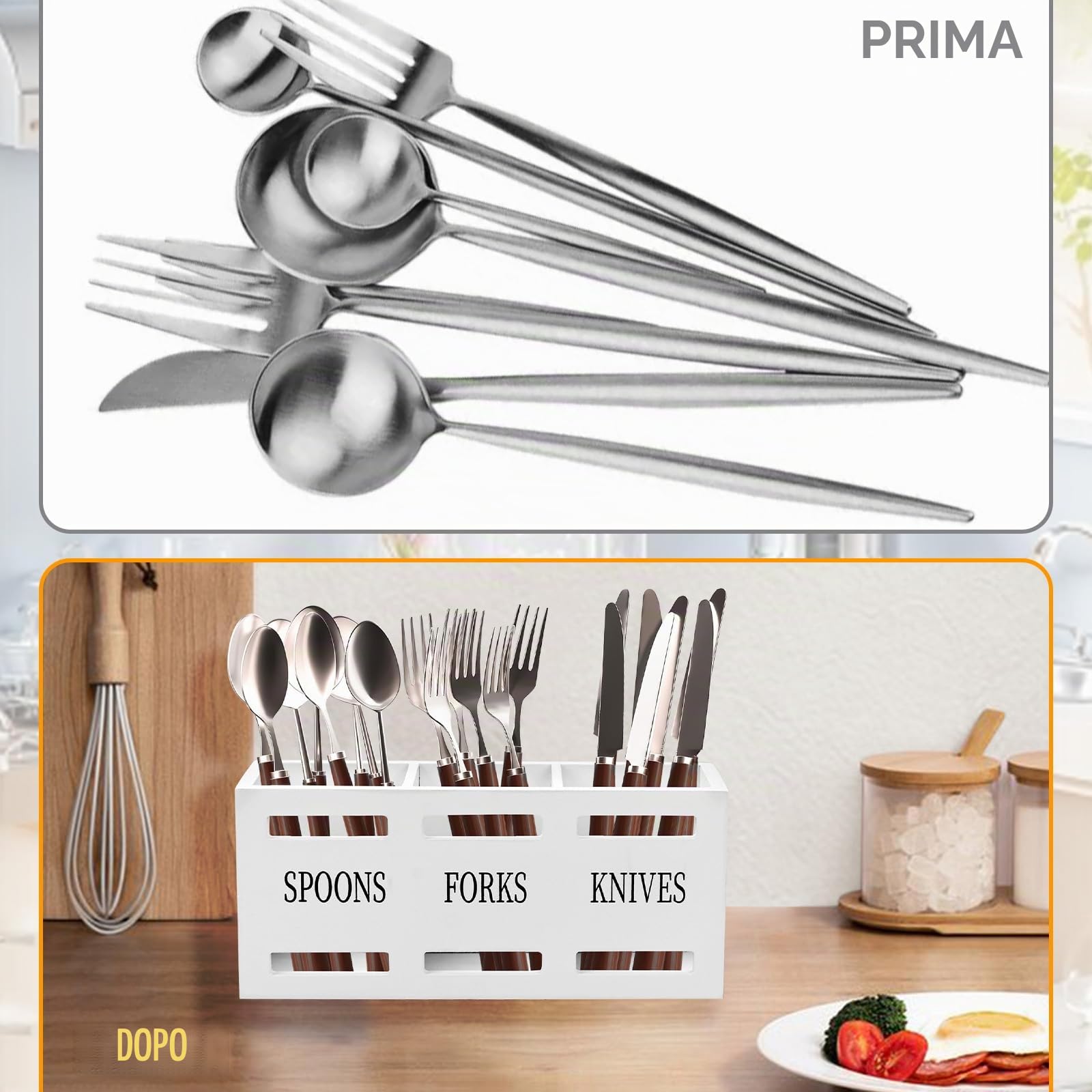 GAESHOW Portautensili da Cucina in Legno a 3 Scomparti, Porta Utensili Da Cucina, Organizer per Utensili, Portautensili per Cucchiaio Forchetta Bacchette, 25,5 X 8,7 X 11 cm (Bianco)