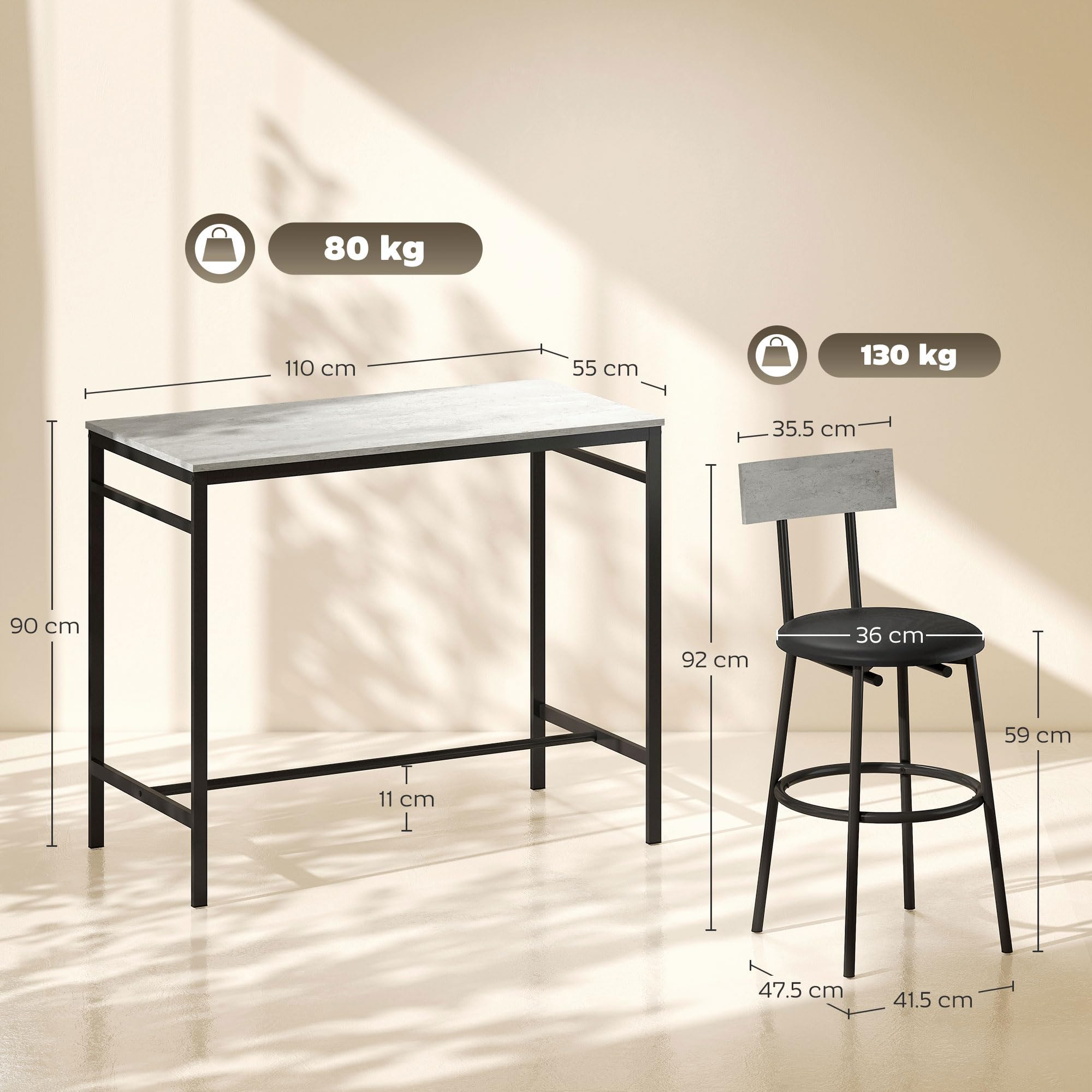 HOMCOM Set Tavolo Bar con 4 Sgabelli con Imbottitura Pelle PU, Bancone Bar e Sedie Cucina Salvaspazio con Gambe in Acciaio, Stile Moderno, Tavolo Alto con Sgabelli per Casa Pranzo Soggiorno, Grigio