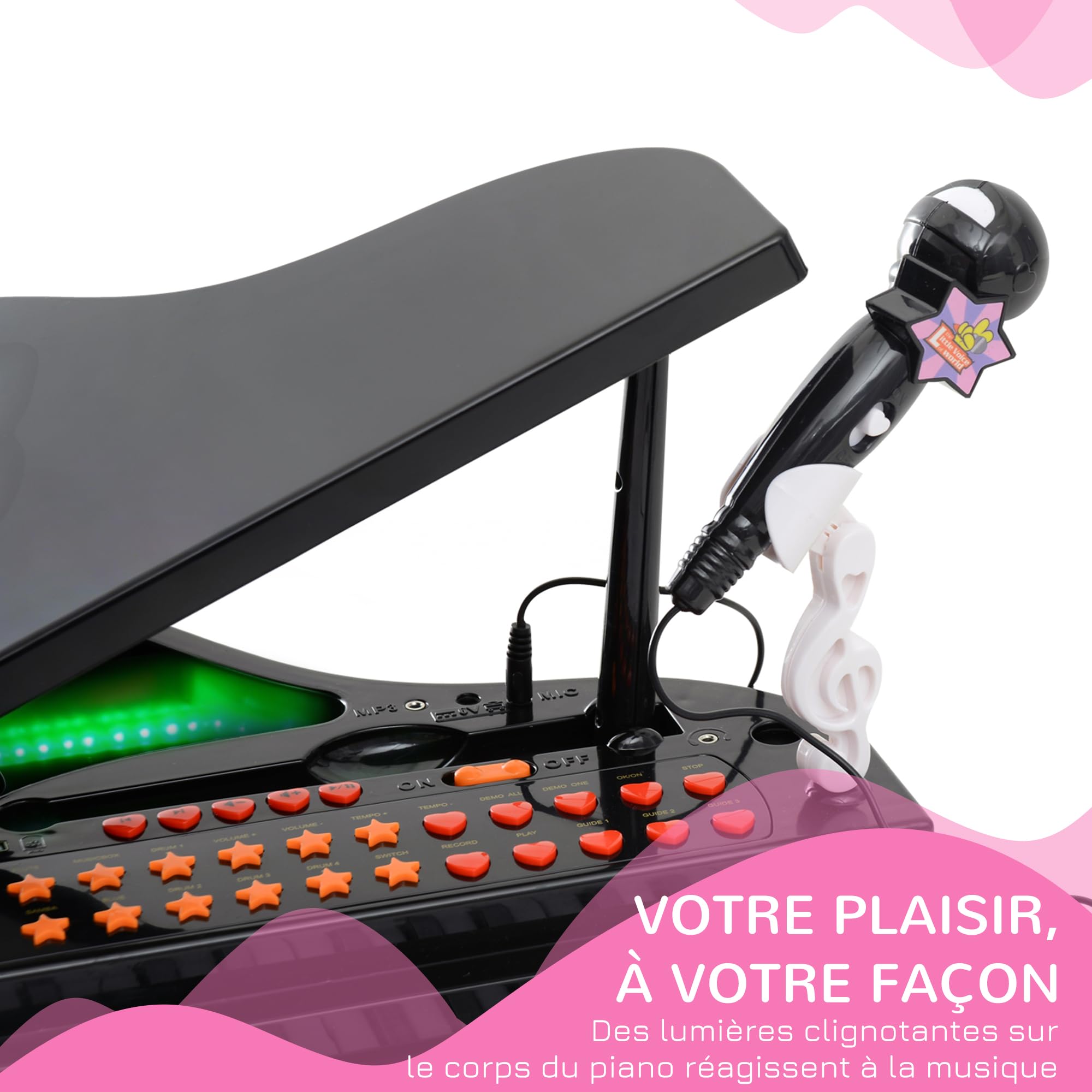 HOMCOM Piano à Queue Électronique 37 Touches 3 à 6 Ans Noir | Multifonctions avec Micro Haut Parleur, Lumière LED, Fonction d'Enregistrement et de Relecture, Instrument de Musique Enfant