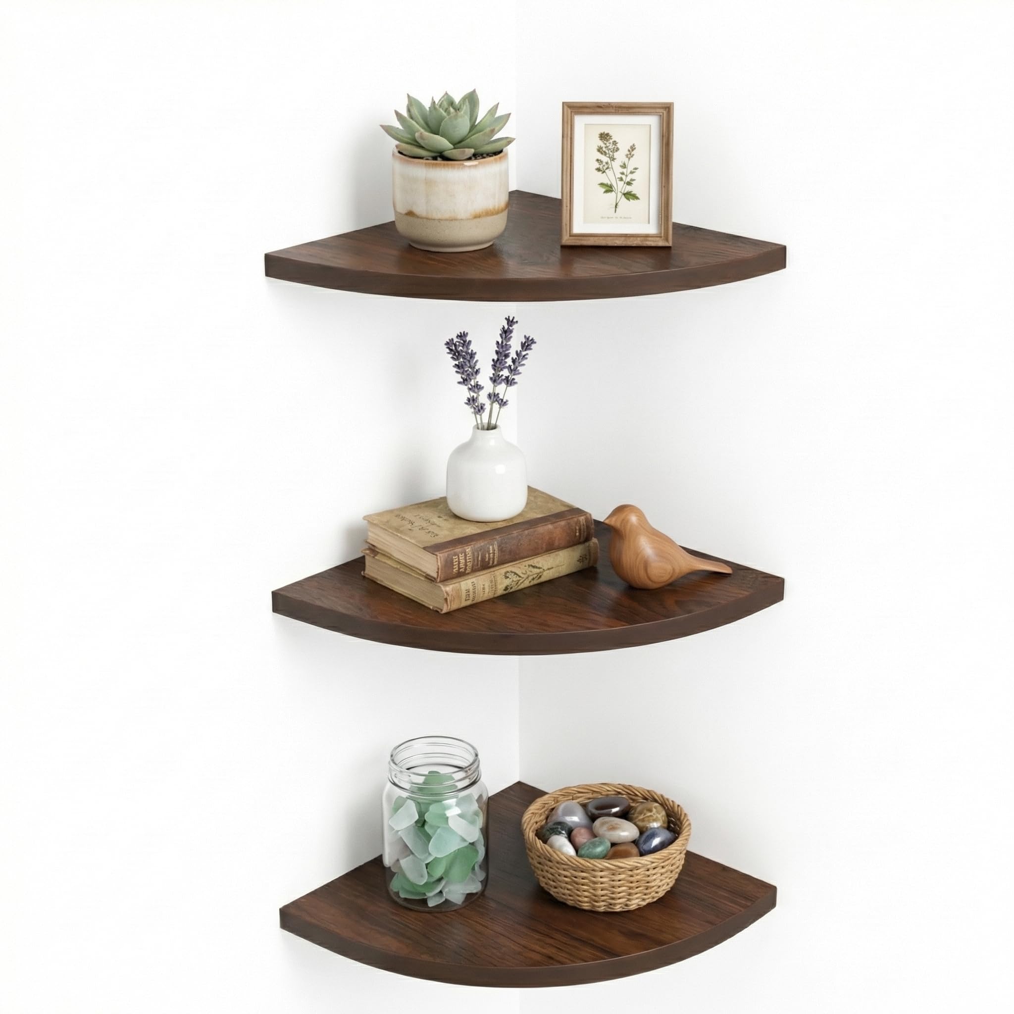 Engineered Wood 3 Tier Corner Floating Wall Shelf | Wall Mounted Storage & Display Rack | Decorative Organizer for Living Room, Bedroom, Kitchen & Bathroom (Brown)-image-19