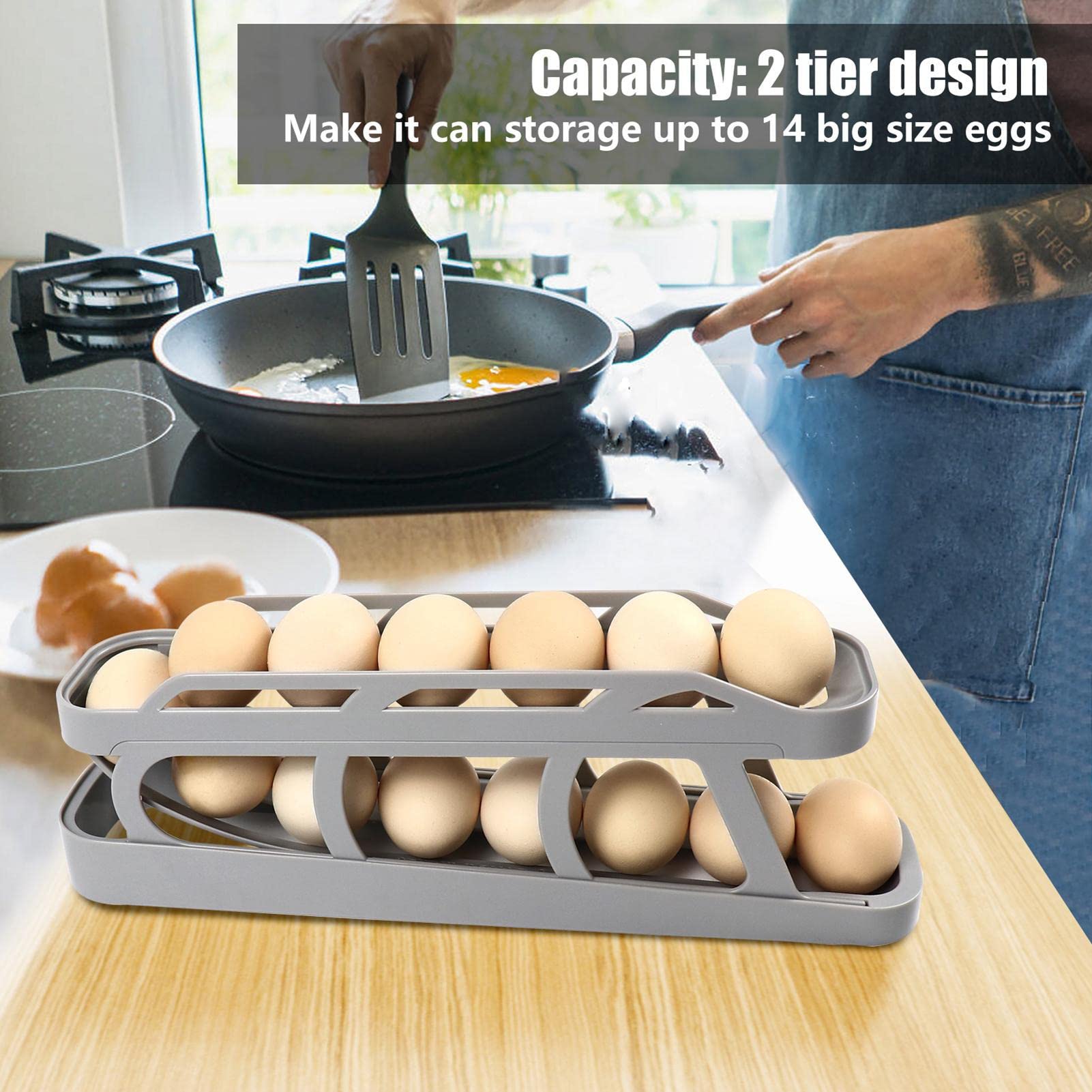 Portauova a 4 livelli, contenitore per alimenti, organizer per frigorifero, dispenser salvaspazio per uova arrotolabili, contenitore per uova da cucina per la casa