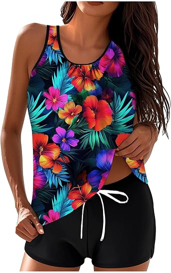 Tankini Swimsuits for Women Modest Two Pice Blouson Bathing Suit with Shorts Beach Resort Print Full Coverage Swimwear