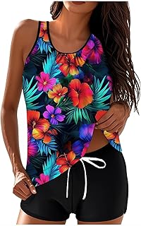 Womens Tankini Swimsuits Two Piece Modest Bathing Suits Tropical Graphic Blouson Swim Tank Top whih Shorts Swimwear