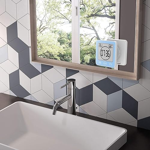 Miniatura 9 de Reloj de ducha impermeable, reloj de pared para baño, campana solar, pantalla digital de temperatura y humedad con ventosa, temporizador de pantalla