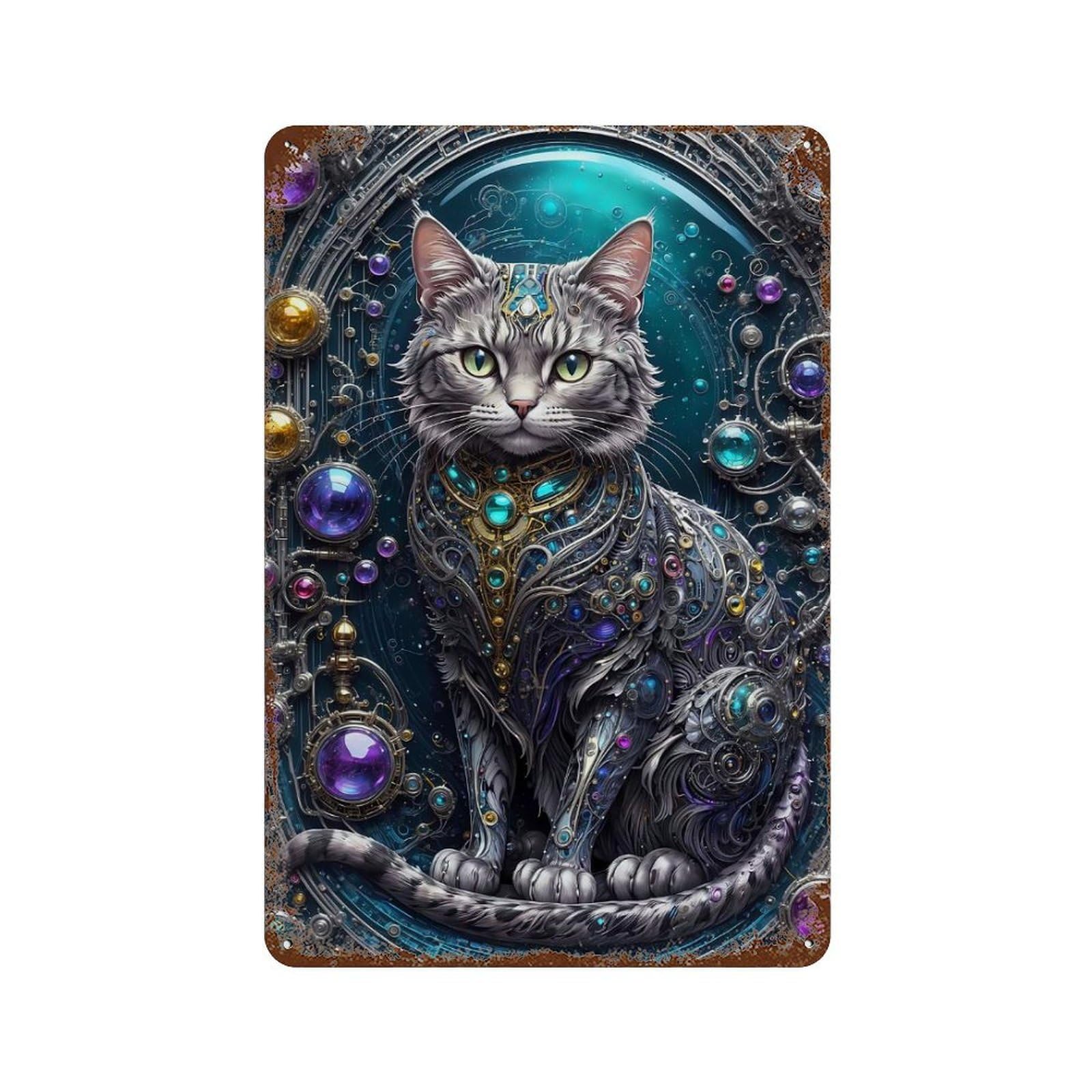 Rust Effect Mechanical Sentinel Cat Rustic Tin Plaque 11.8"x7.9", Industrial Home Decor for Bistro, Counter And Cafe Decor
