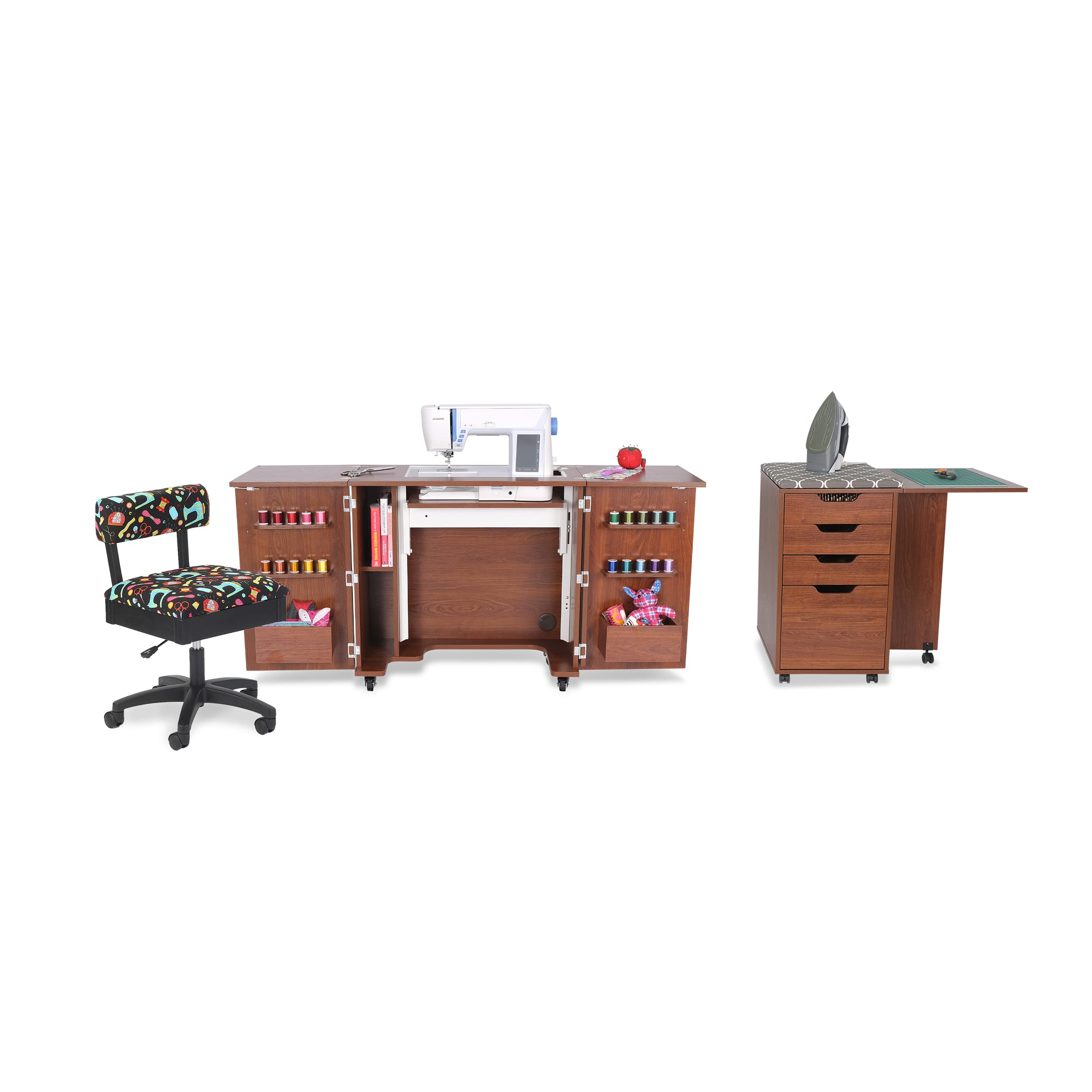 ARROW SEWING CABINETS Teak Bandicoot with Kiwi and Notions Hydraulic Chair