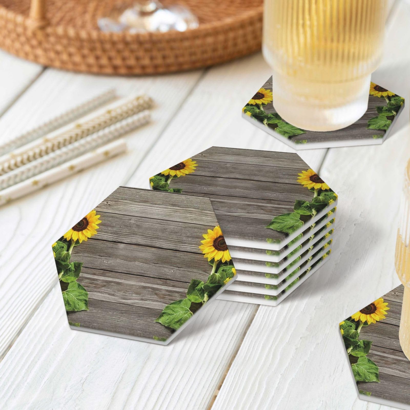Lot de 6 sous-verres décoratifs en céramique avec motif tournesols