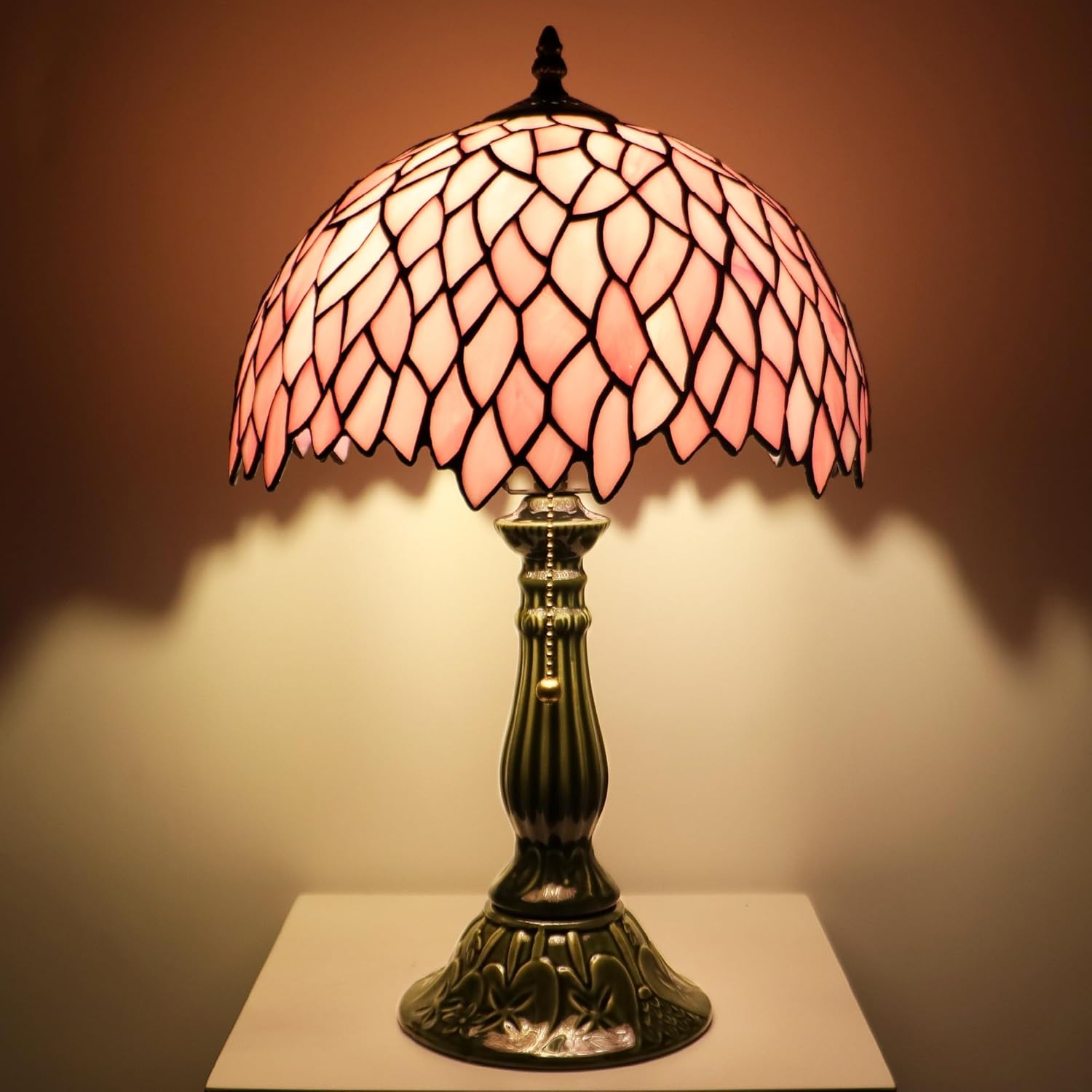 Tiffany Lamp Stained Glass Table Lamps Pink Leaf Style Desk Lamp12X12X18.5 Inch Bronze Ceramic Base Reading Light Suitable for Bedside Bedroom Living Room Dining Room Office