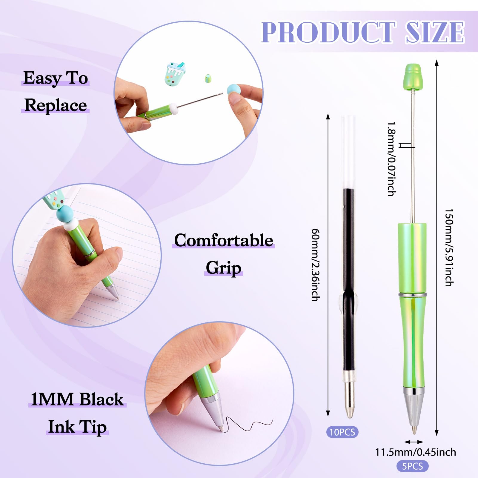Bestewelry 5 pcs Plastic Beadable Pens Ballpoint Pen Beaded Pen Black Ink with Plastic Ballpoint Pen Refills for Pen Decoration Office School Supplies Green - Image 3