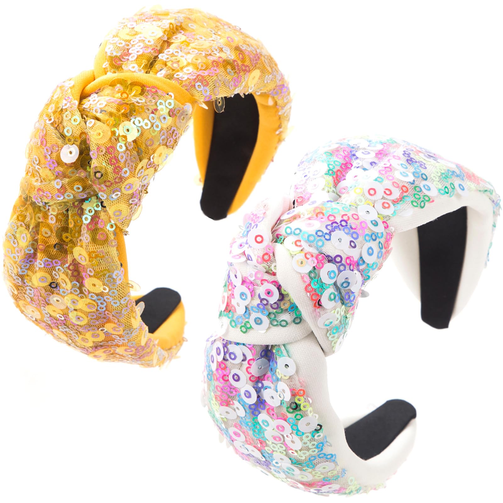 Yanmucy 2Pcs Knotted Headbands for Women Girls Fashion Sequin Hairbands Sparkly Wide Hair Hoop Glitter Hair Accessories for Wedding Party Daily (Style 1, One Size)